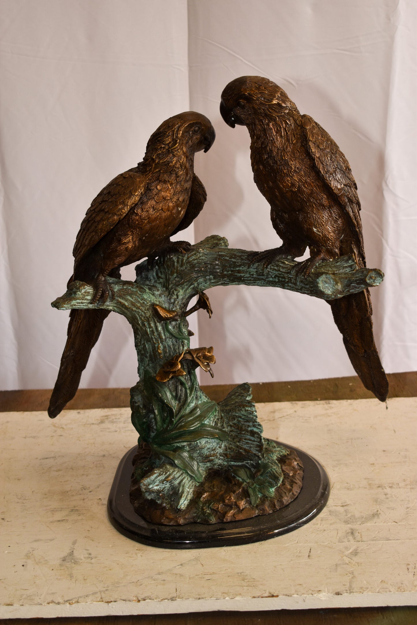 Two Parrots on a tree Bronze Statue Brown and Green Patina 13" x 20" x 23"H