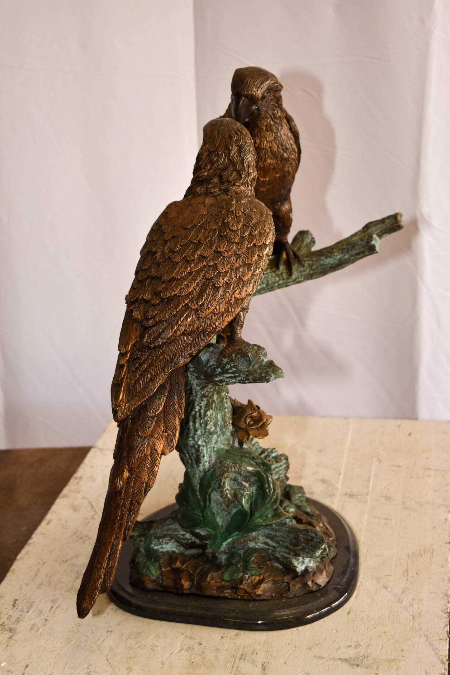 Two Parrots on a tree Bronze Statue Brown and Green Patina 13" x 20" x 23"H