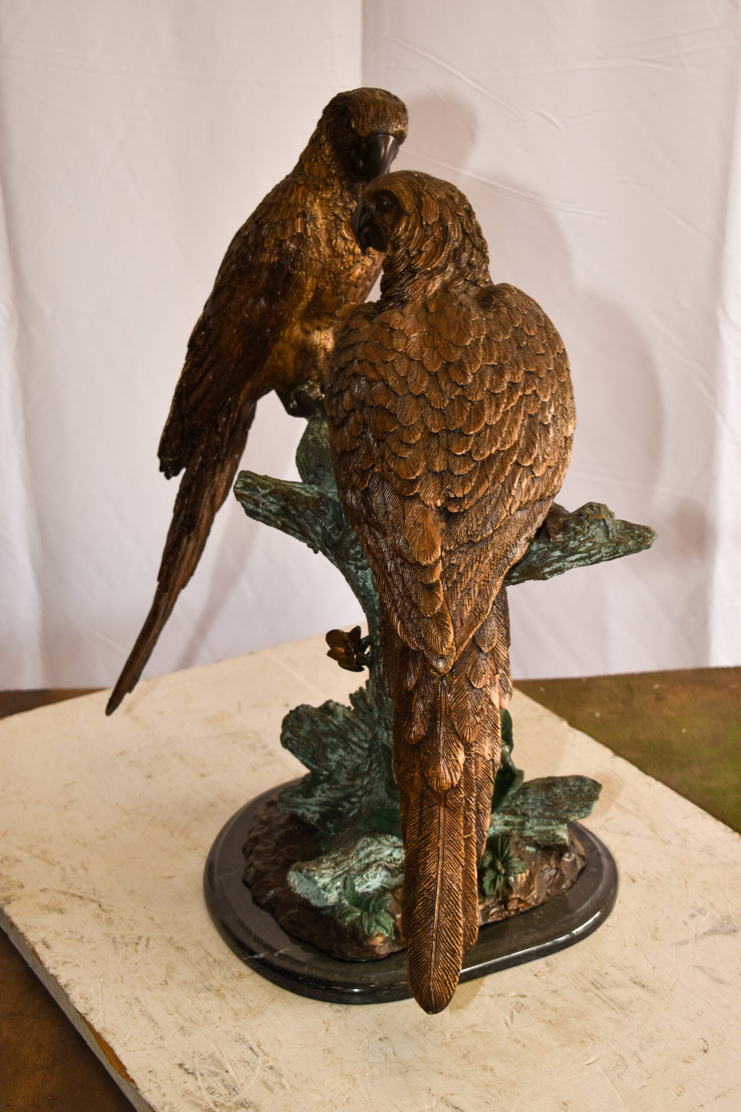 Two Parrots on a tree Bronze Statue Brown and Green Patina 13" x 20" x 23"H