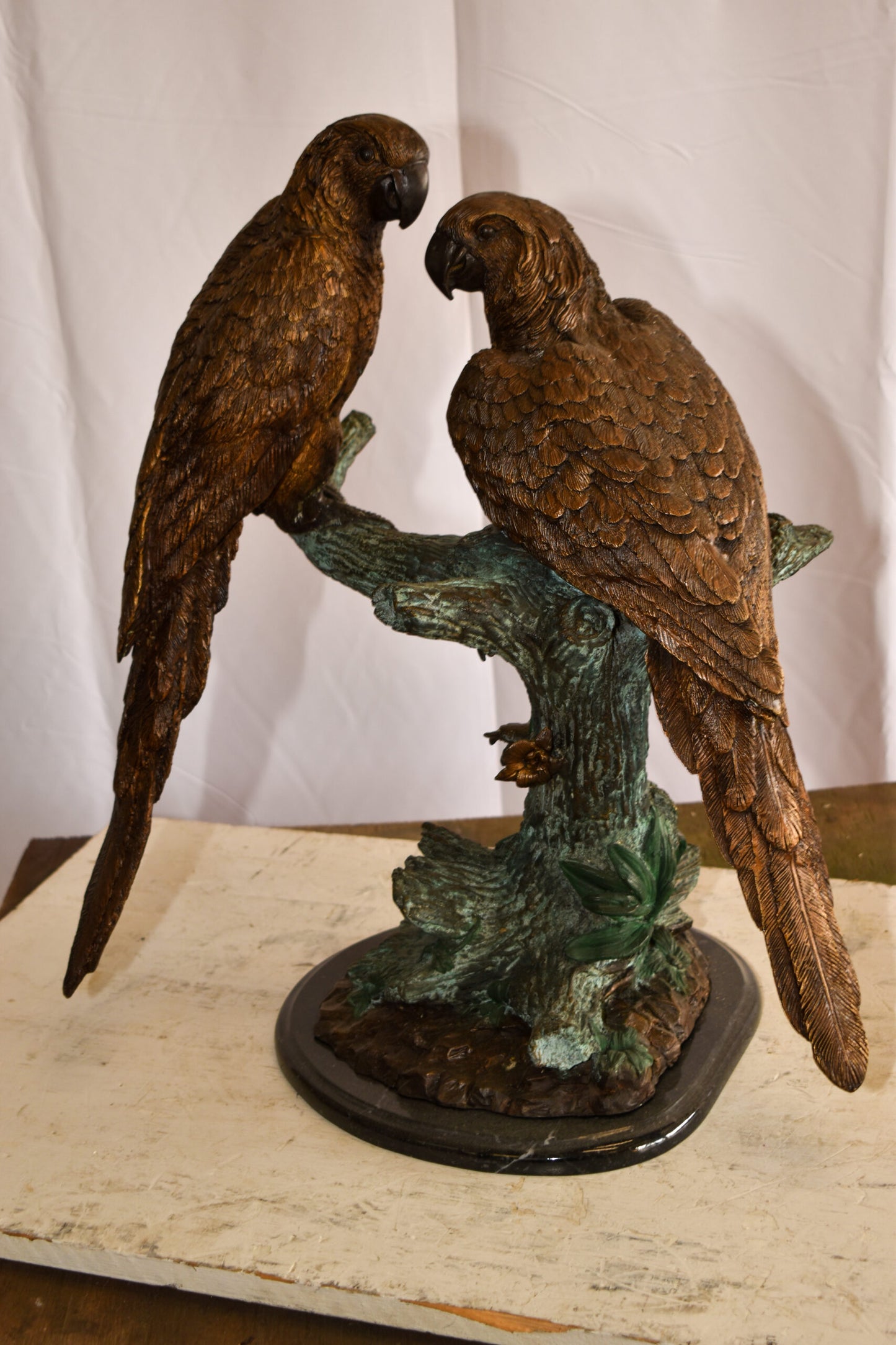 Two Parrots on a tree Bronze Statue Brown and Green Patina 13" x 20" x 23"H