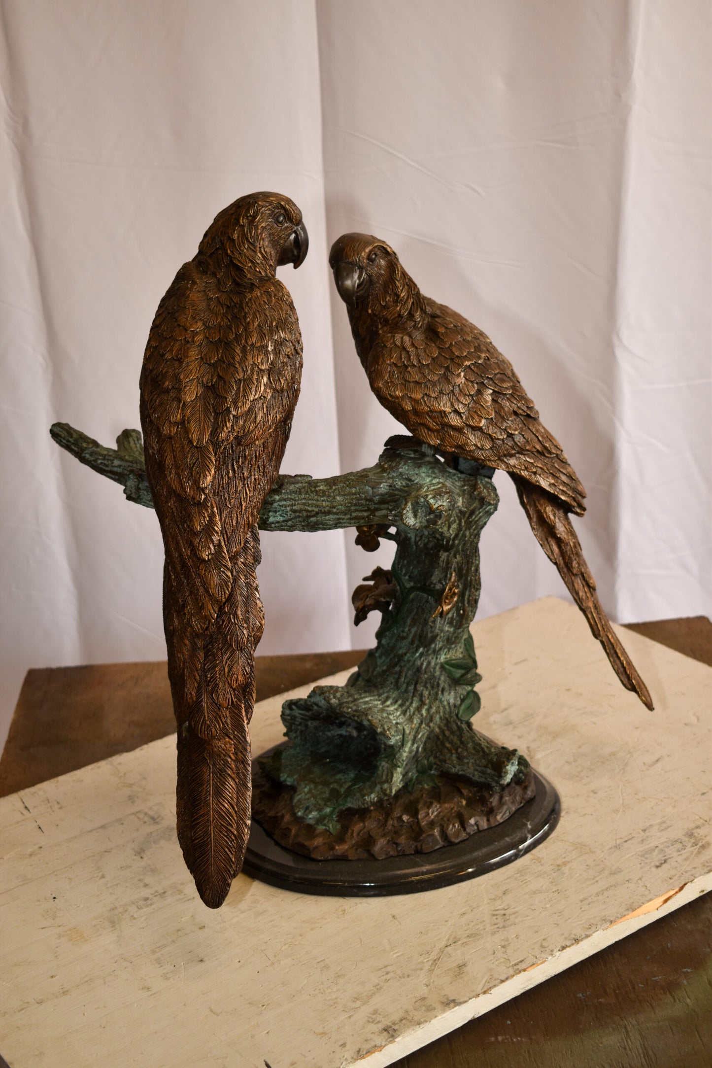 Two Parrots on a tree Bronze Statue Brown and Green Patina 13" x 20" x 23"H