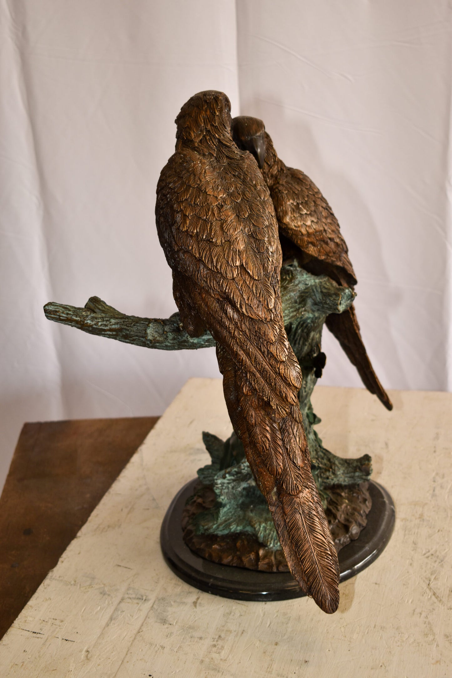 Two Parrots on a tree Bronze Statue Brown and Green Patina 13" x 20" x 23"H