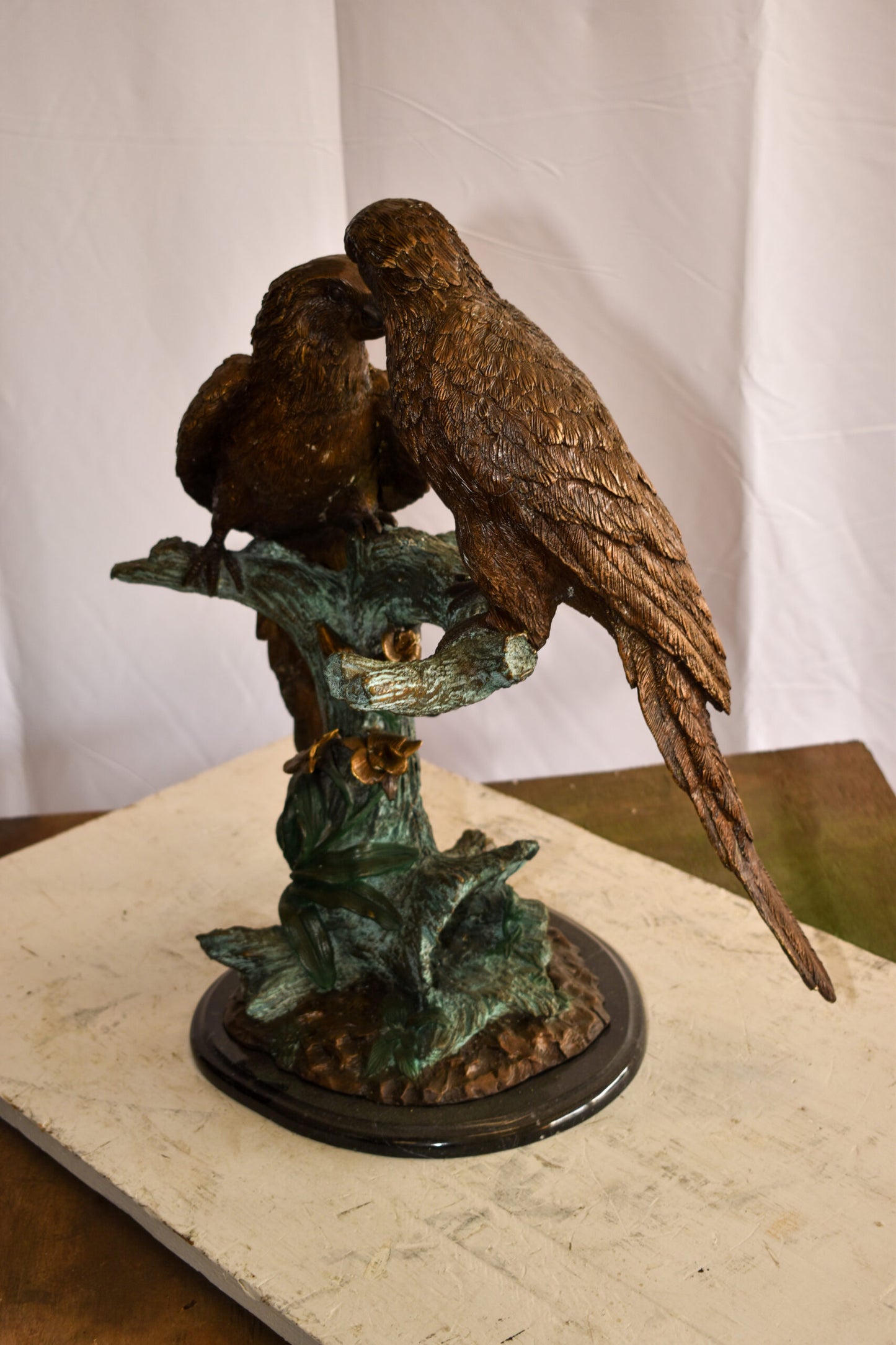 Two Parrots on a tree Bronze Statue Brown and Green Patina 13" x 20" x 23"H
