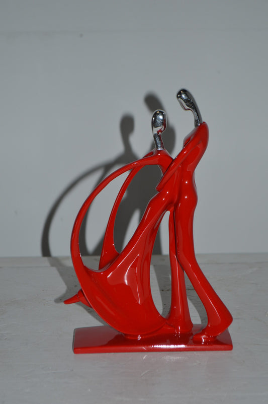 Modern Art Dancers Red with Chrome Head Resin Statue - Size: 7"L x 3"W x 11"H.