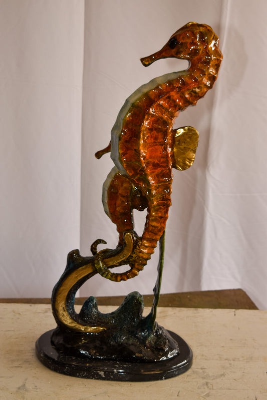 Two Sea Horses Swimming in the Ocean Colored Bronze Statue 13" x 9" x 28"H