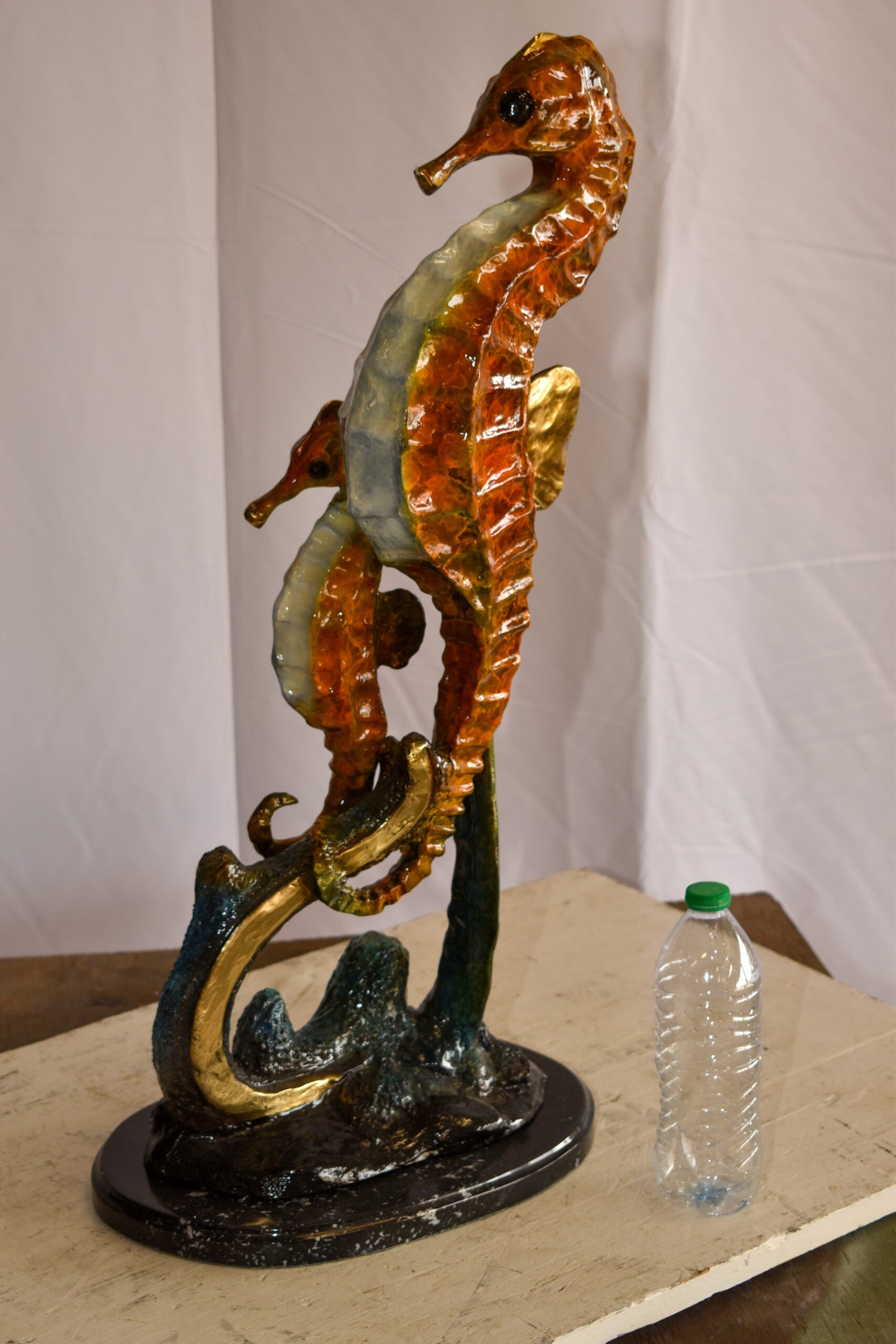 Two Sea Horses Swimming in the Ocean Colored Bronze Statue 13" x 9" x 28"H