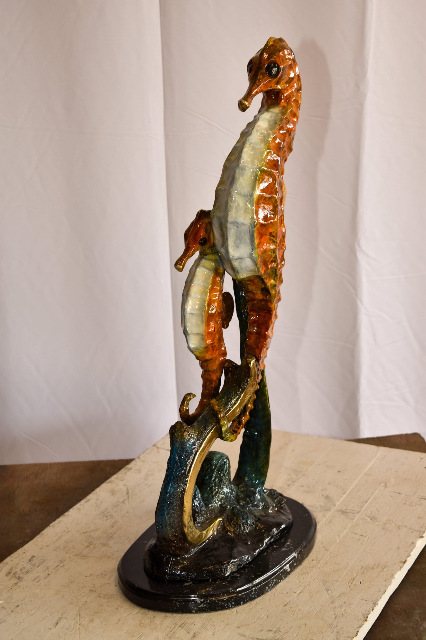 Two Sea Horses Swimming in the Ocean Colored Bronze Statue 13" x 9" x 28"H