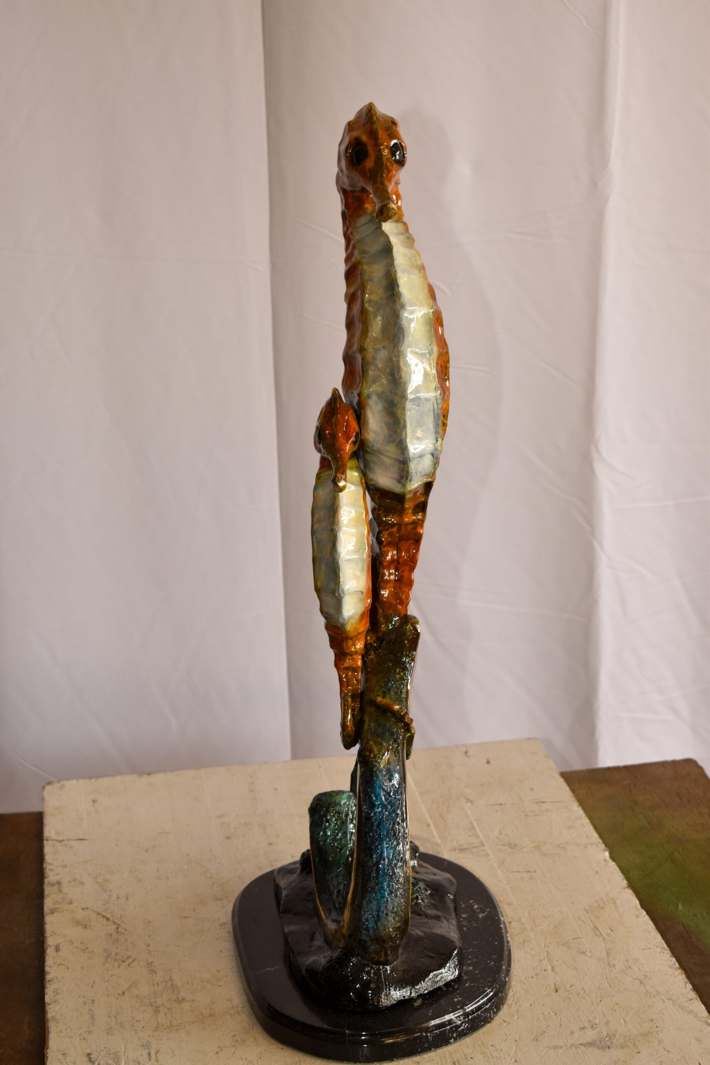 Two Sea Horses Swimming in the Ocean Colored Bronze Statue 13" x 9" x 28"H