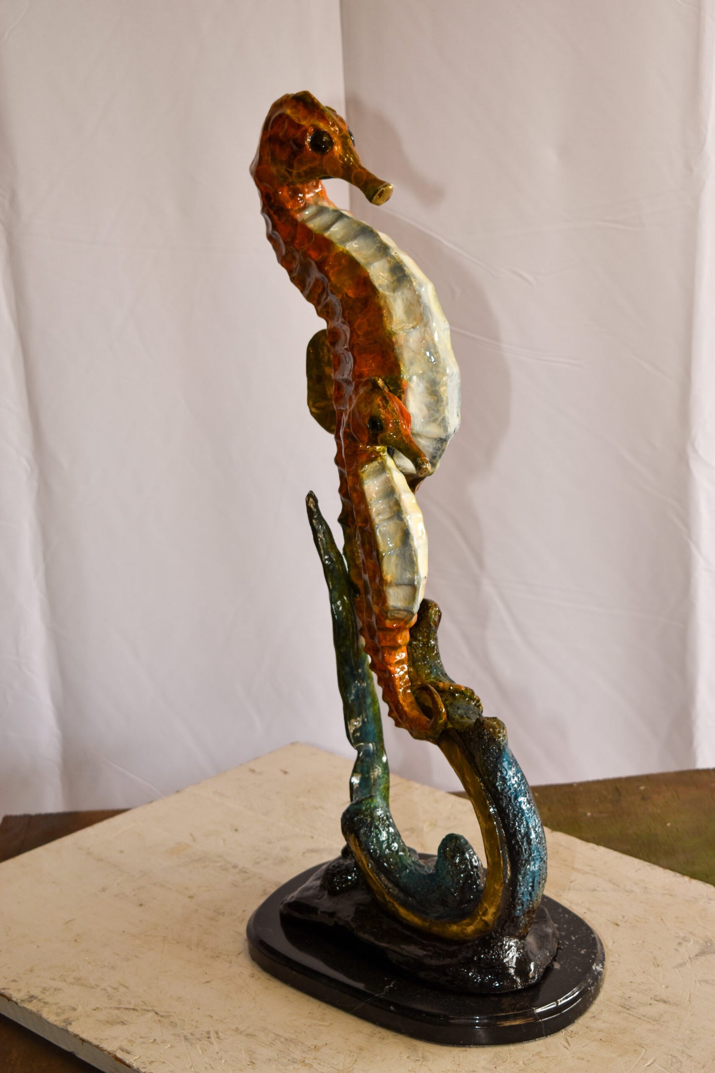 Two Sea Horses Swimming in the Ocean Colored Bronze Statue 13" x 9" x 28"H