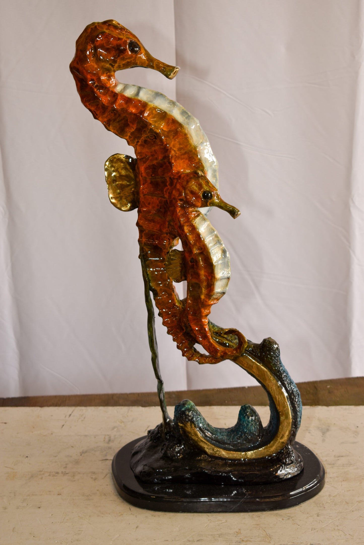 Two Sea Horses Swimming in the Ocean Colored Bronze Statue 13" x 9" x 28"H