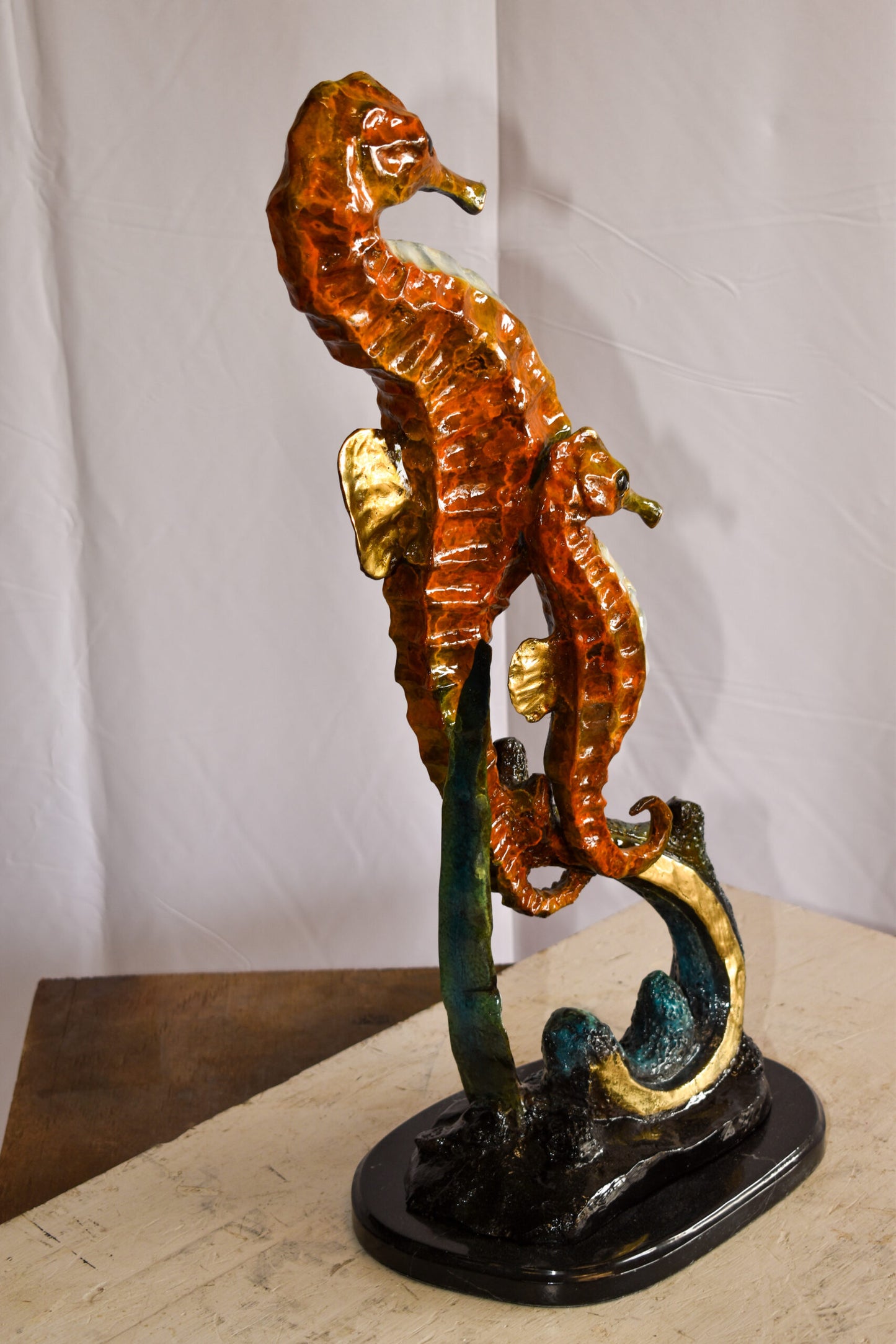 Two Sea Horses Swimming in the Ocean Colored Bronze Statue 13" x 9" x 28"H