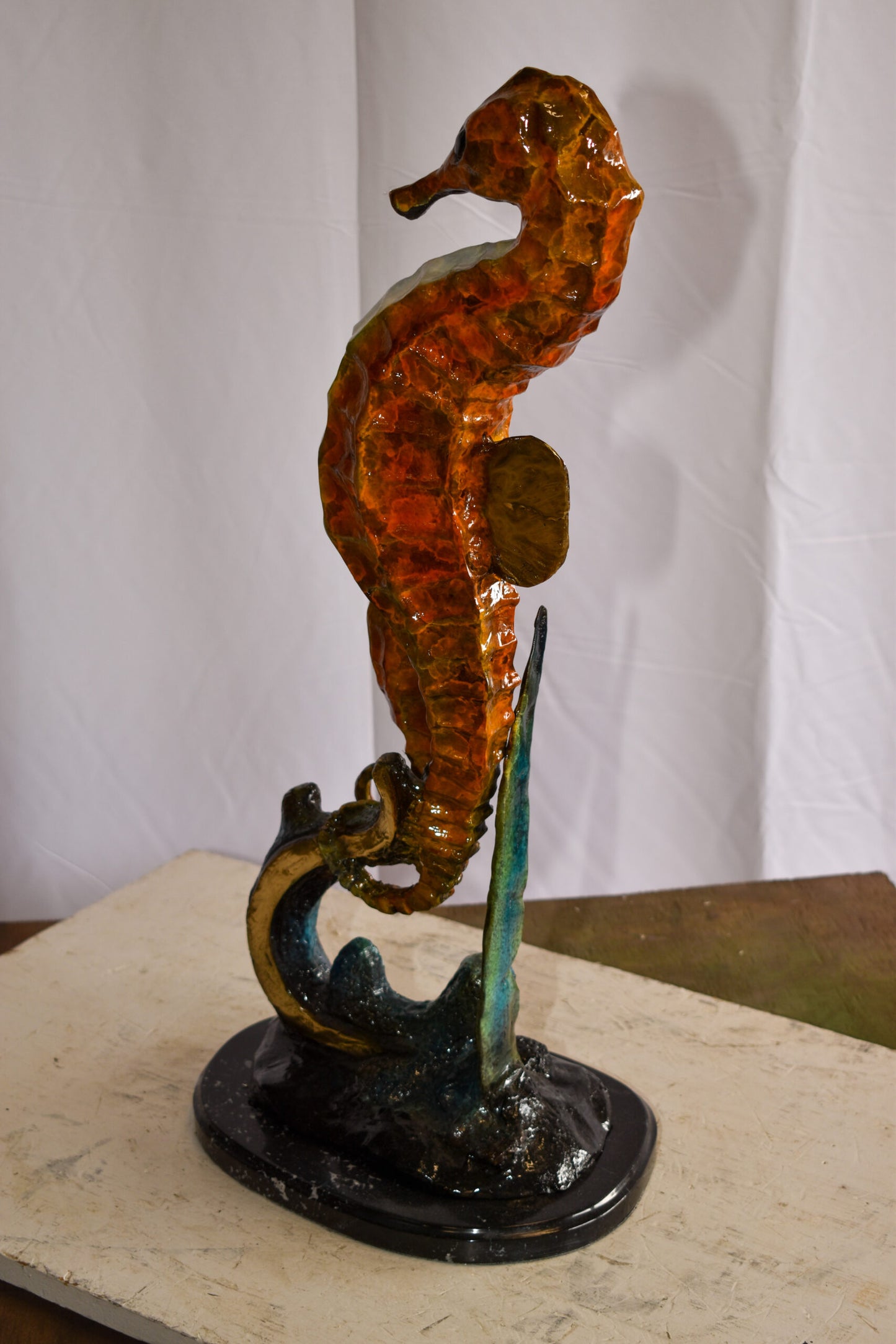 Two Sea Horses Swimming in the Ocean Colored Bronze Statue 13" x 9" x 28"H