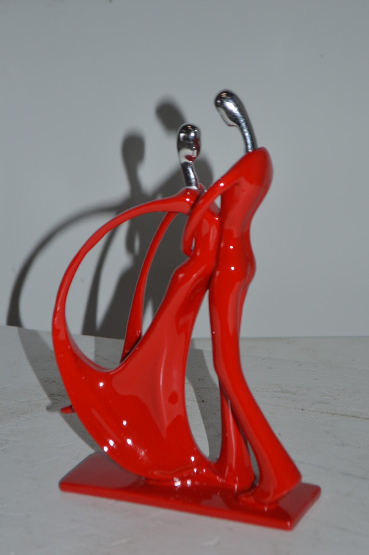Modern Art Dancers Red with Chrome Head Resin Statue - Size: 7"L x 3"W x 11"H.