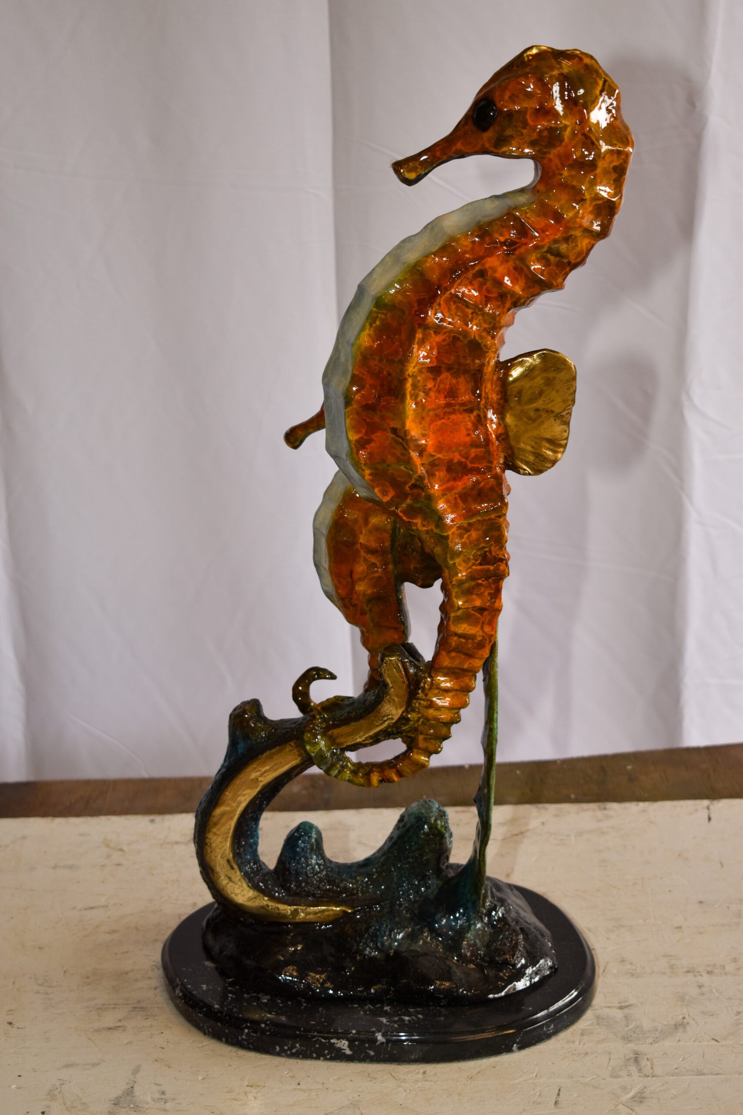 Two Sea Horses Swimming in the Ocean Colored Bronze Statue 13" x 9" x 28"H