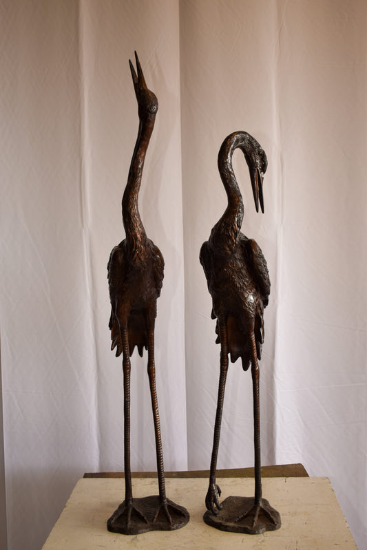 Pair of Crane Fountains Made of Bronze Statue 13" x 9.5" x 52"H