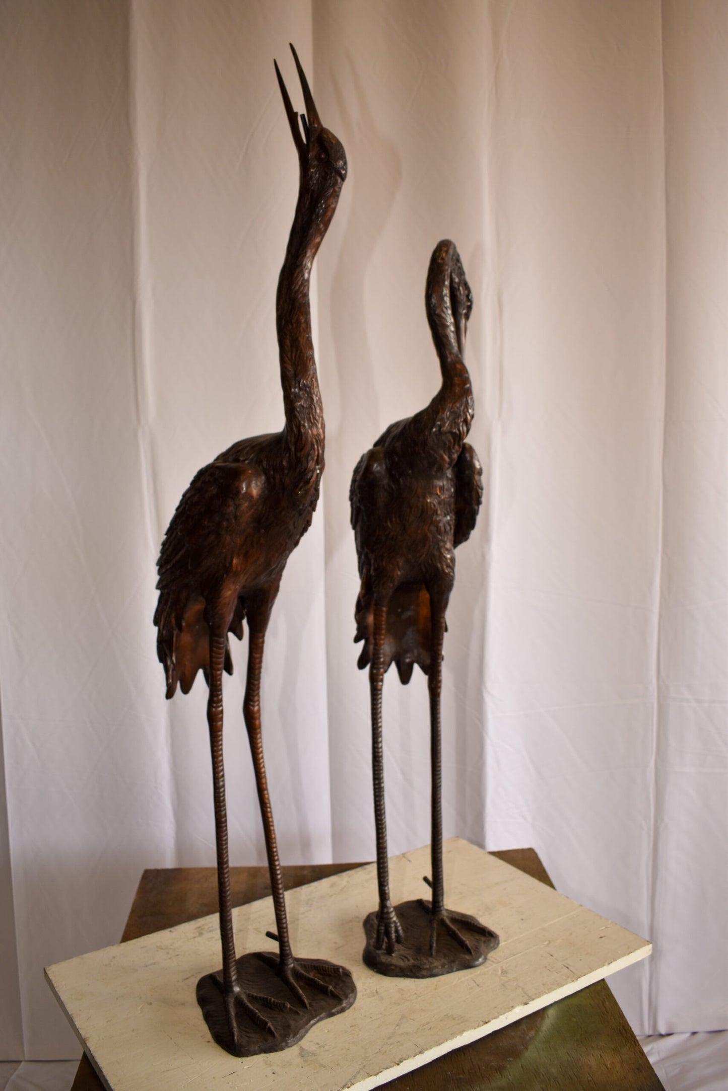 Pair of Crane Fountains Made of Bronze Statue 13" x 9.5" x 52"H