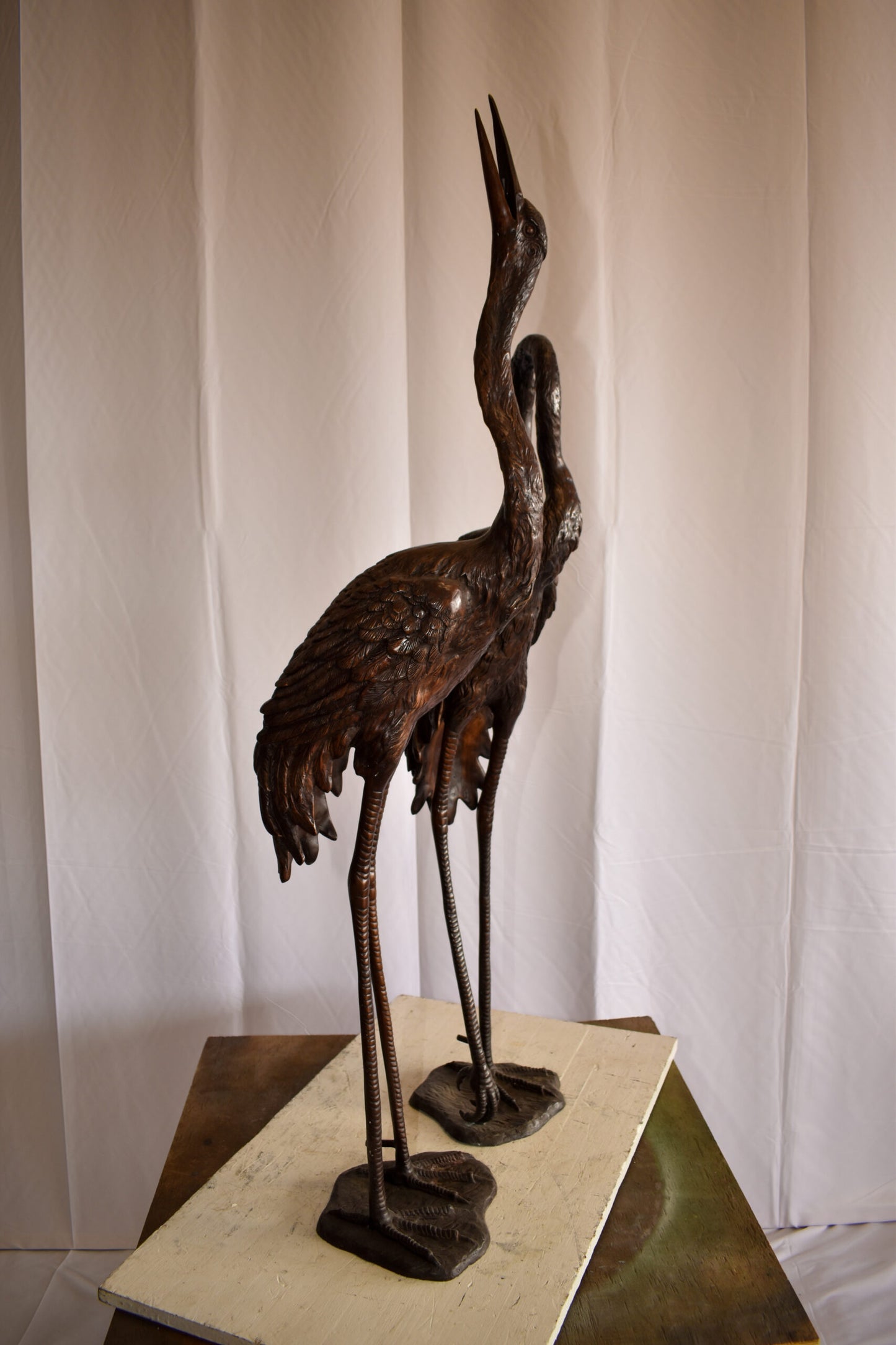 Pair of Crane Fountains Made of Bronze Statue 13" x 9.5" x 52"H