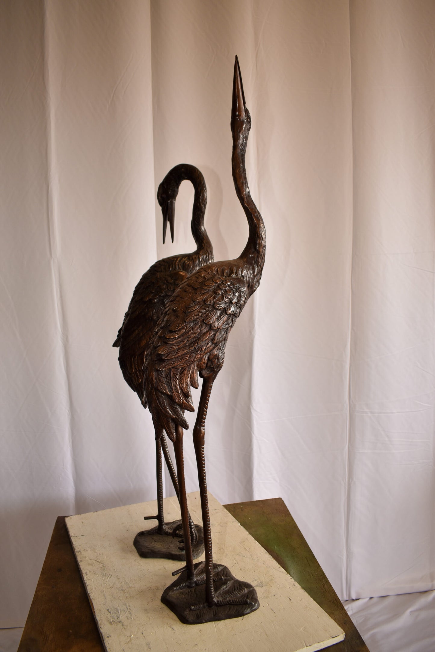 Pair of Crane Fountains Made of Bronze Statue 13" x 9.5" x 52"H