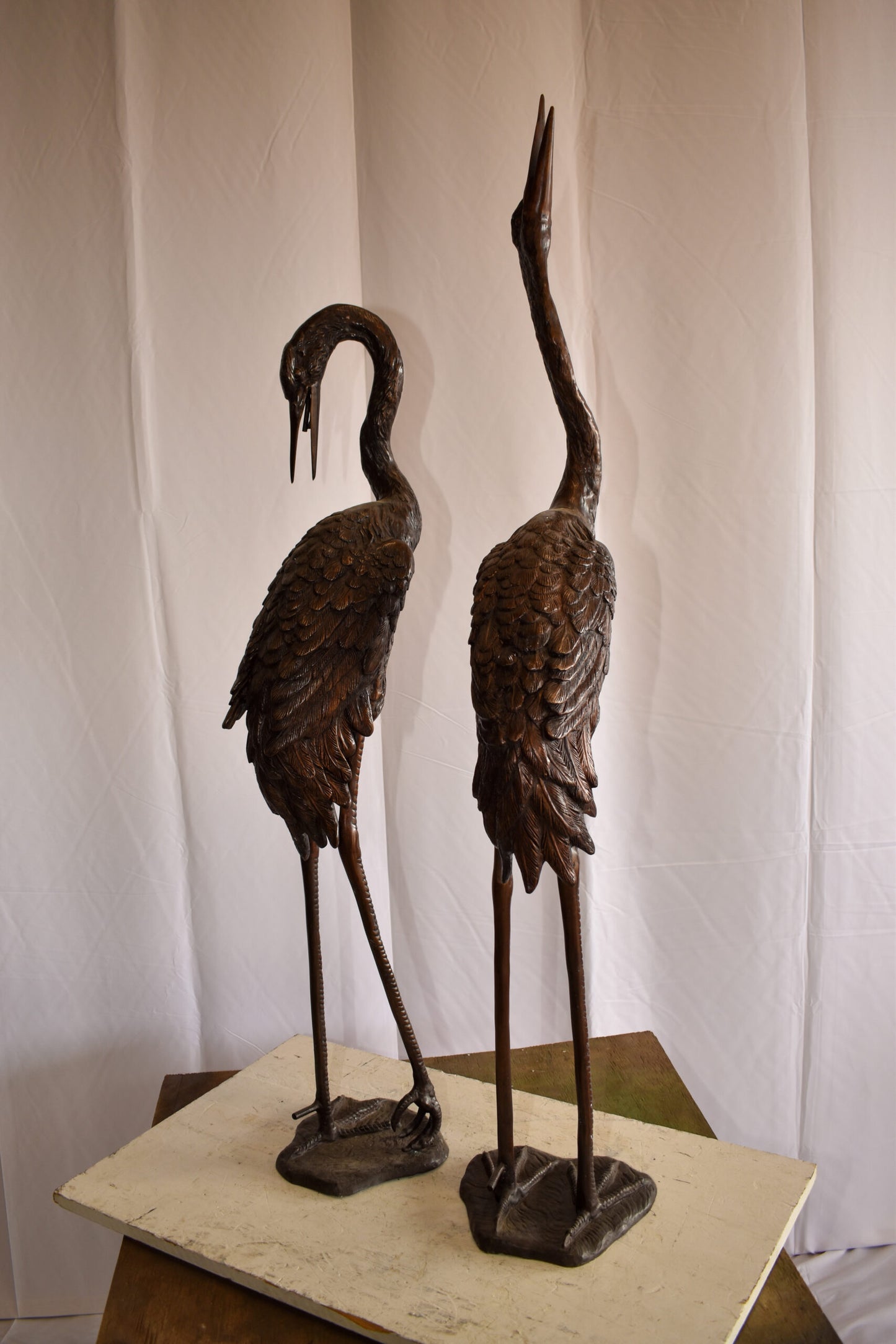 Pair of Crane Fountains Made of Bronze Statue 13" x 9.5" x 52"H