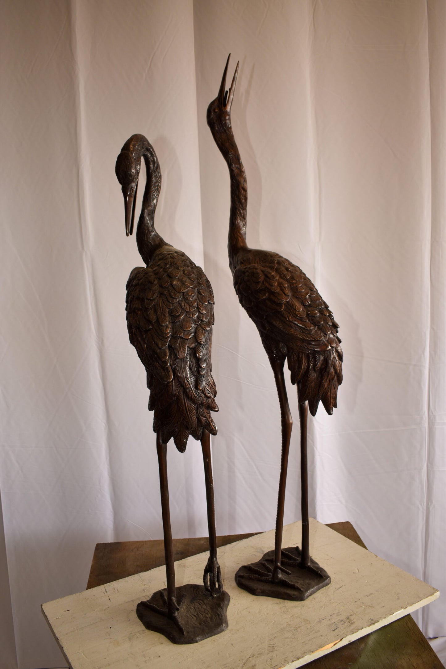 Pair of Crane Fountains Made of Bronze Statue 13" x 9.5" x 52"H