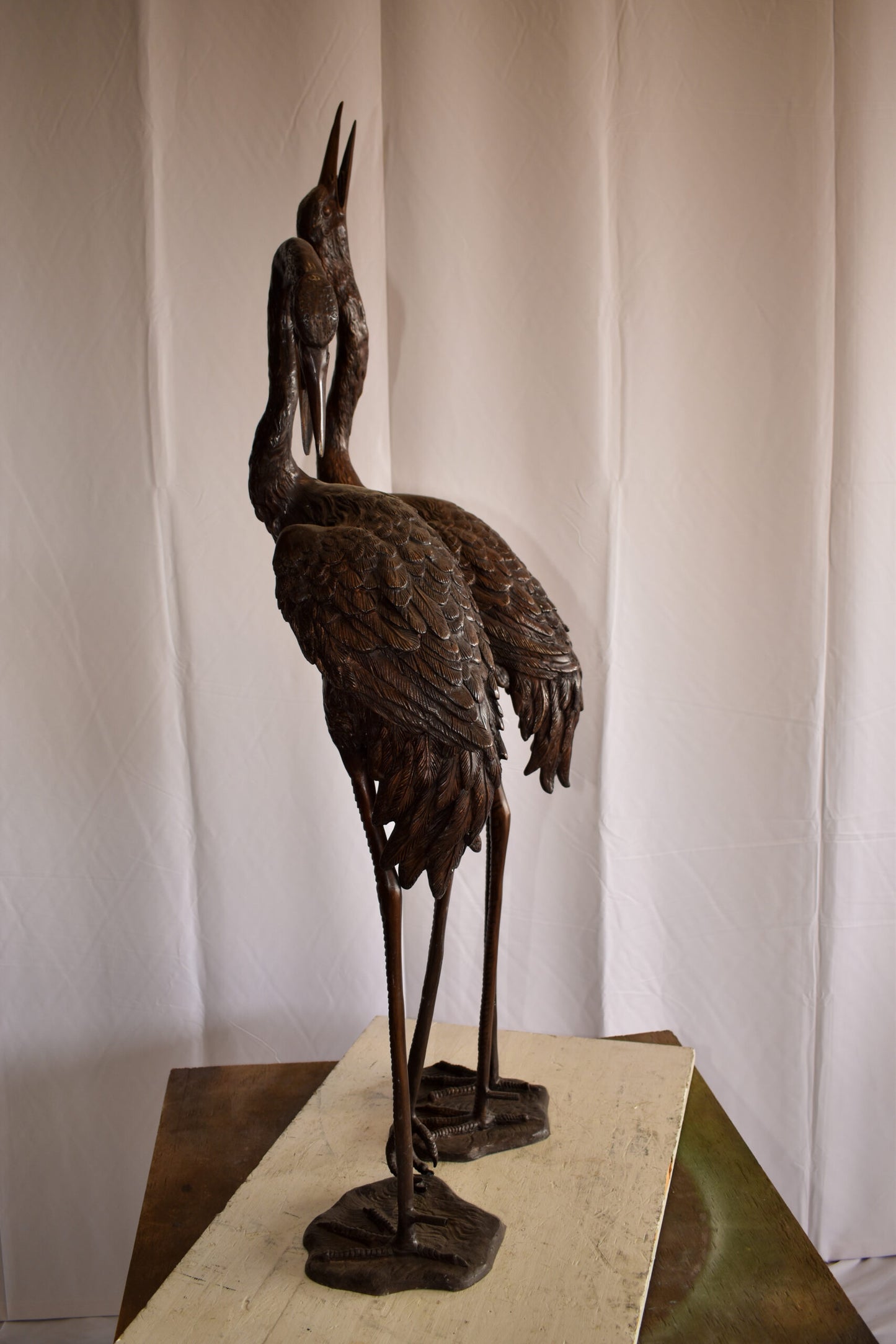 Pair of Crane Fountains Made of Bronze Statue 13" x 9.5" x 52"H