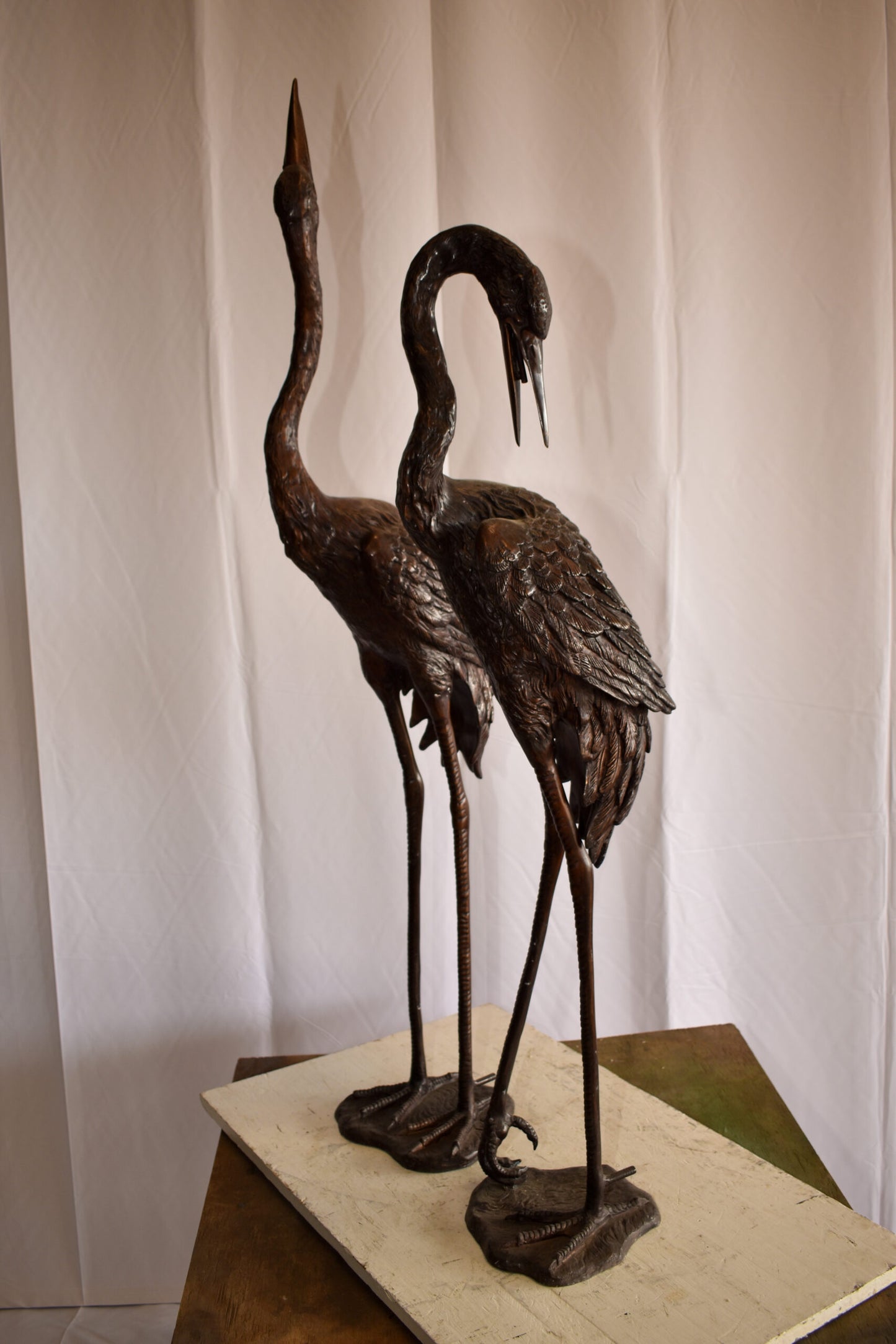 Pair of Crane Fountains Made of Bronze Statue 13" x 9.5" x 52"H