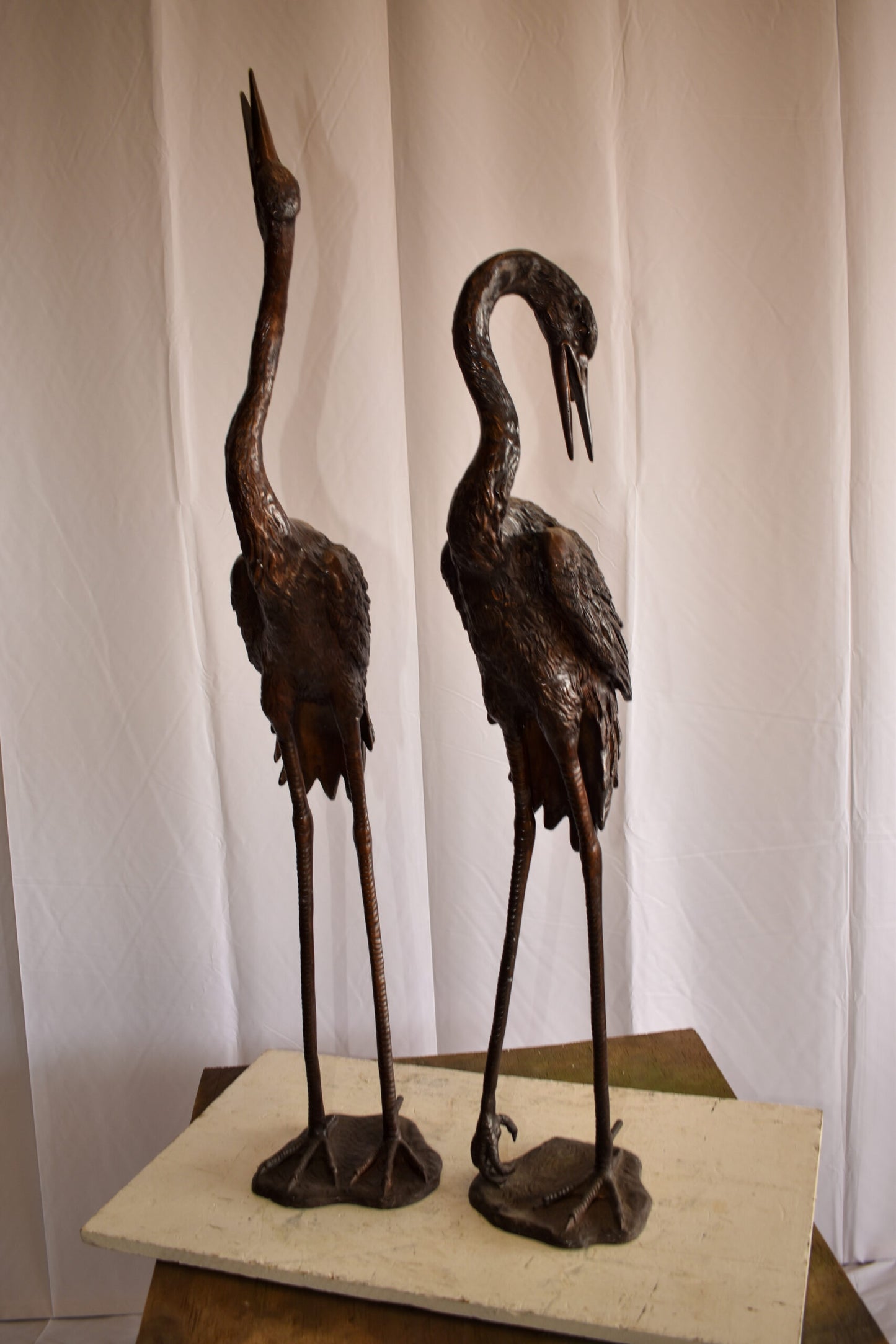 Pair of Crane Fountains Made of Bronze Statue 13" x 9.5" x 52"H