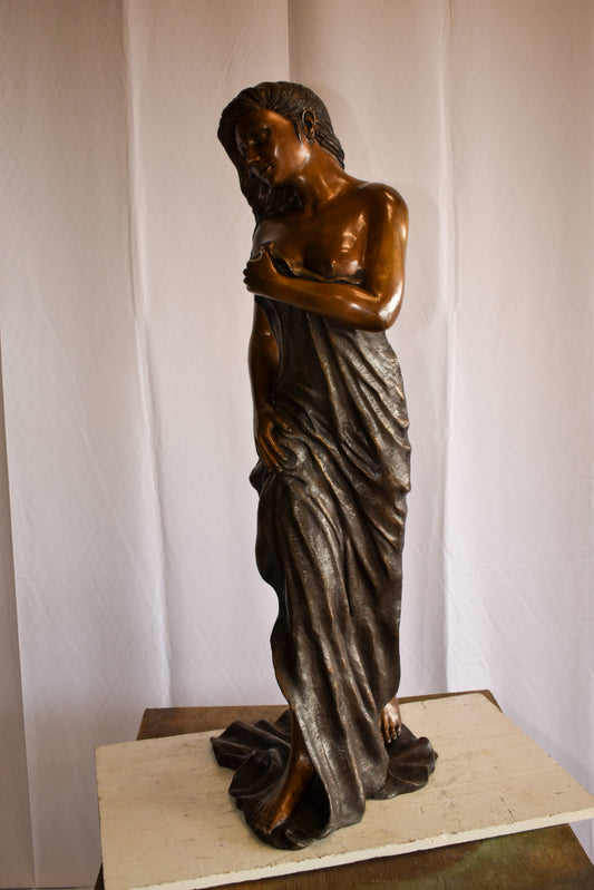 Beautiful Women Nude Art Holding Drape Bronze Statue 22" x 18" x 49"H