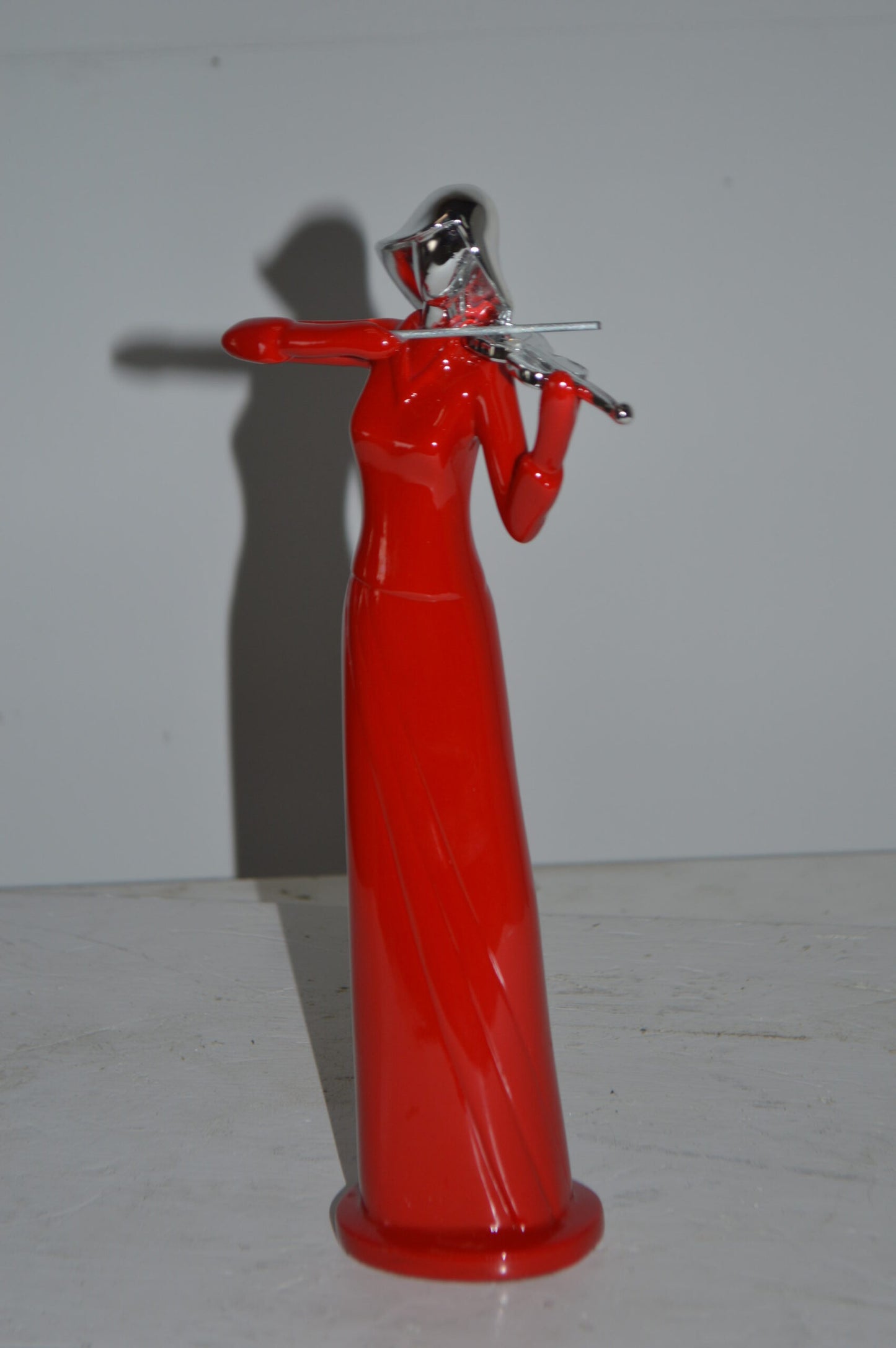 Women Playing the Violin Red and Chrome Resin Statue - Size: 5"L x 4"W x 12"H.