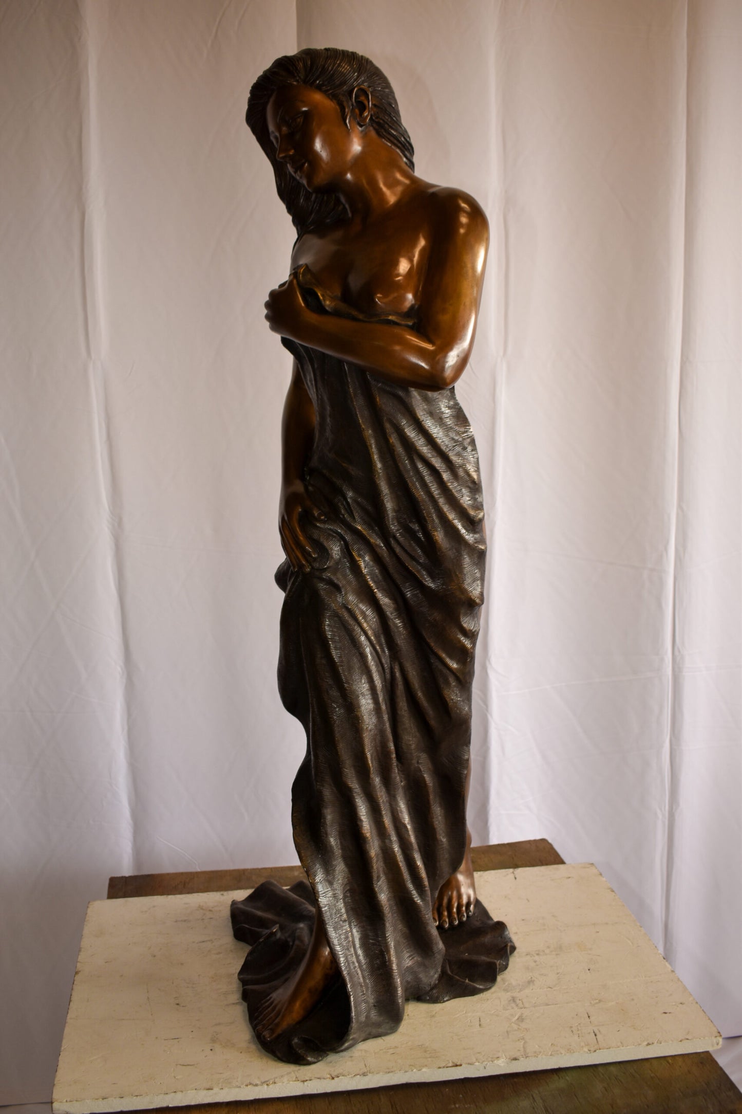 Beautiful Women Nude Art Holding Drape Bronze Statue 22" x 18" x 49"H