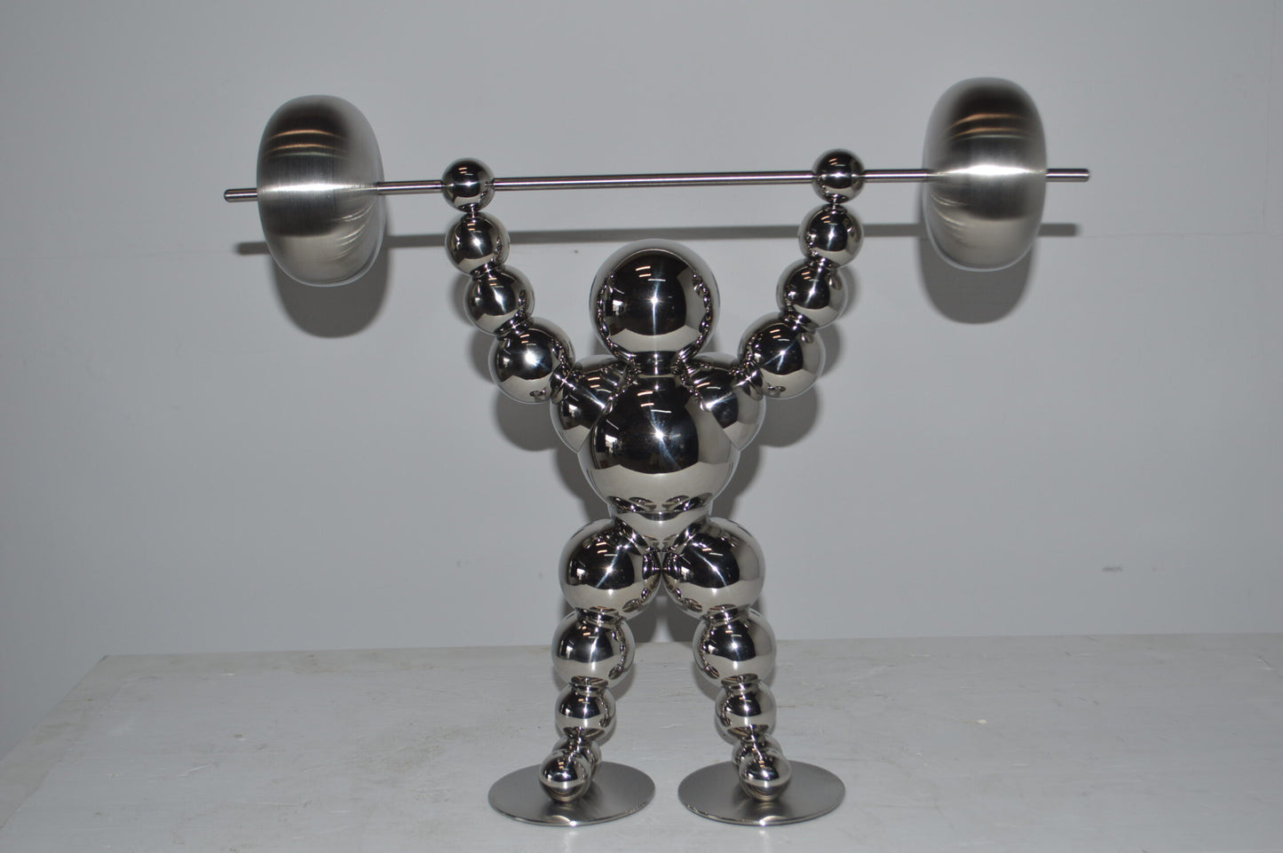 Modern Art Weightlifter Up Position Chrome Balls Statue - Size: 20"x5"x17"H