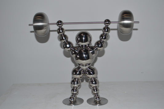 Modern Art Weightlifter Up Position Chrome Balls Statue - Size: 20"x5"x17"H