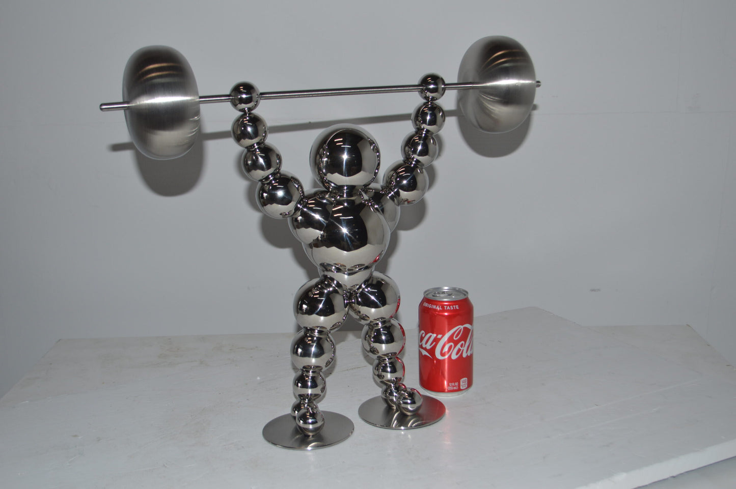 Modern Art Weightlifter Up Position Chrome Balls Statue - Size: 20"x5"x17"H
