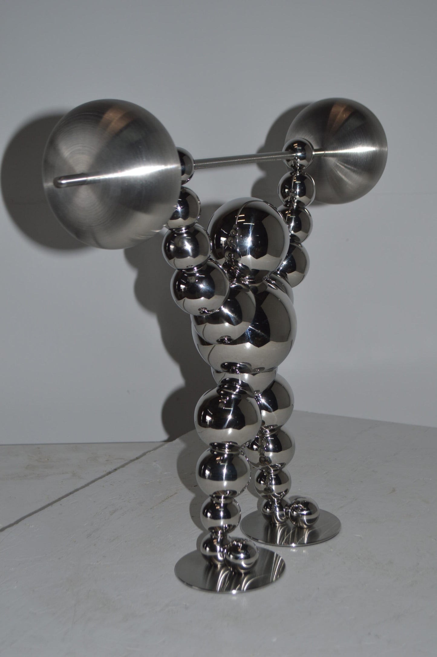 Modern Art Weightlifter Up Position Chrome Balls Statue - Size: 20"x5"x17"H