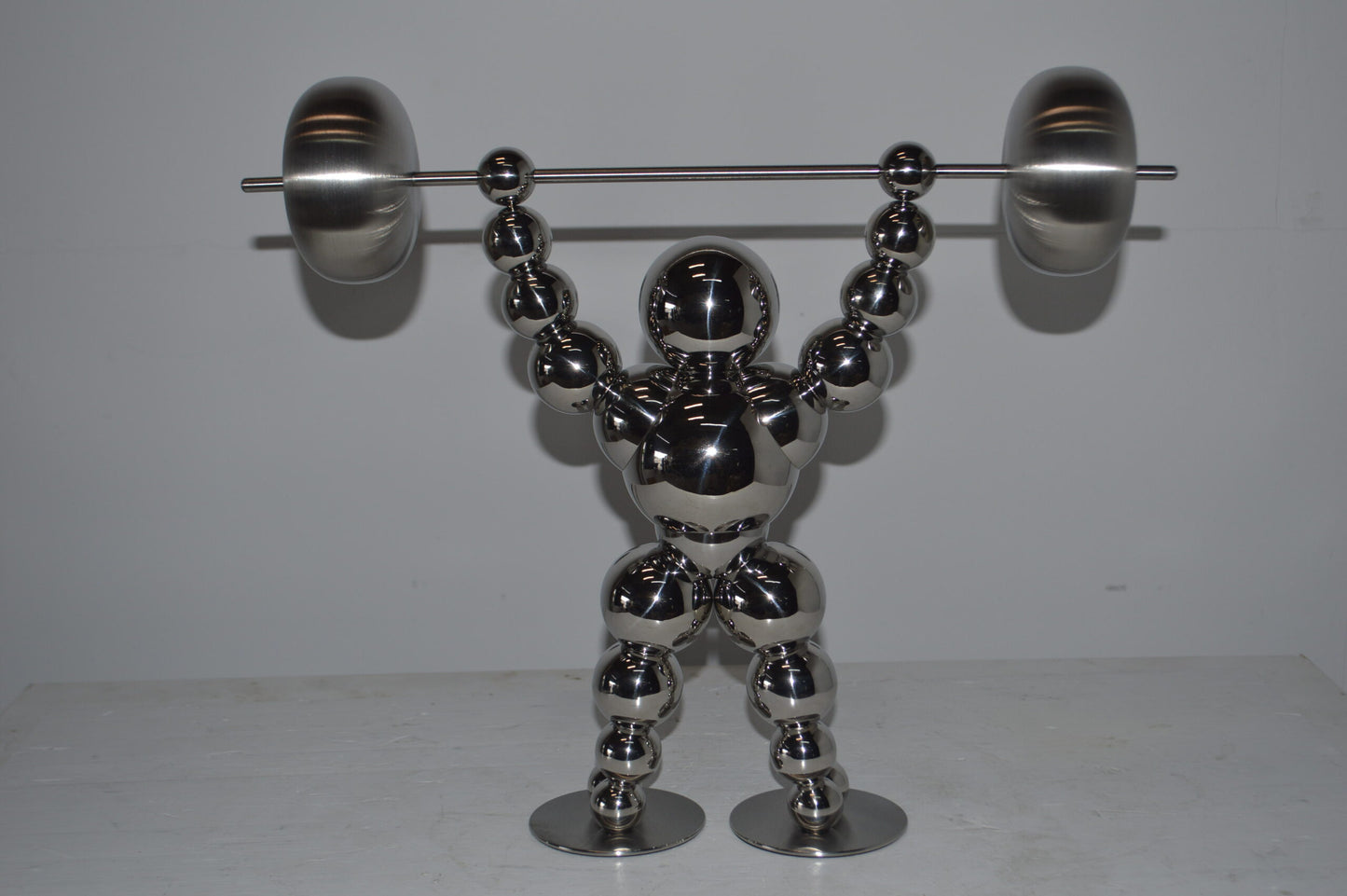Modern Art Weightlifter Up Position Chrome Balls Statue - Size: 20"x5"x17"H