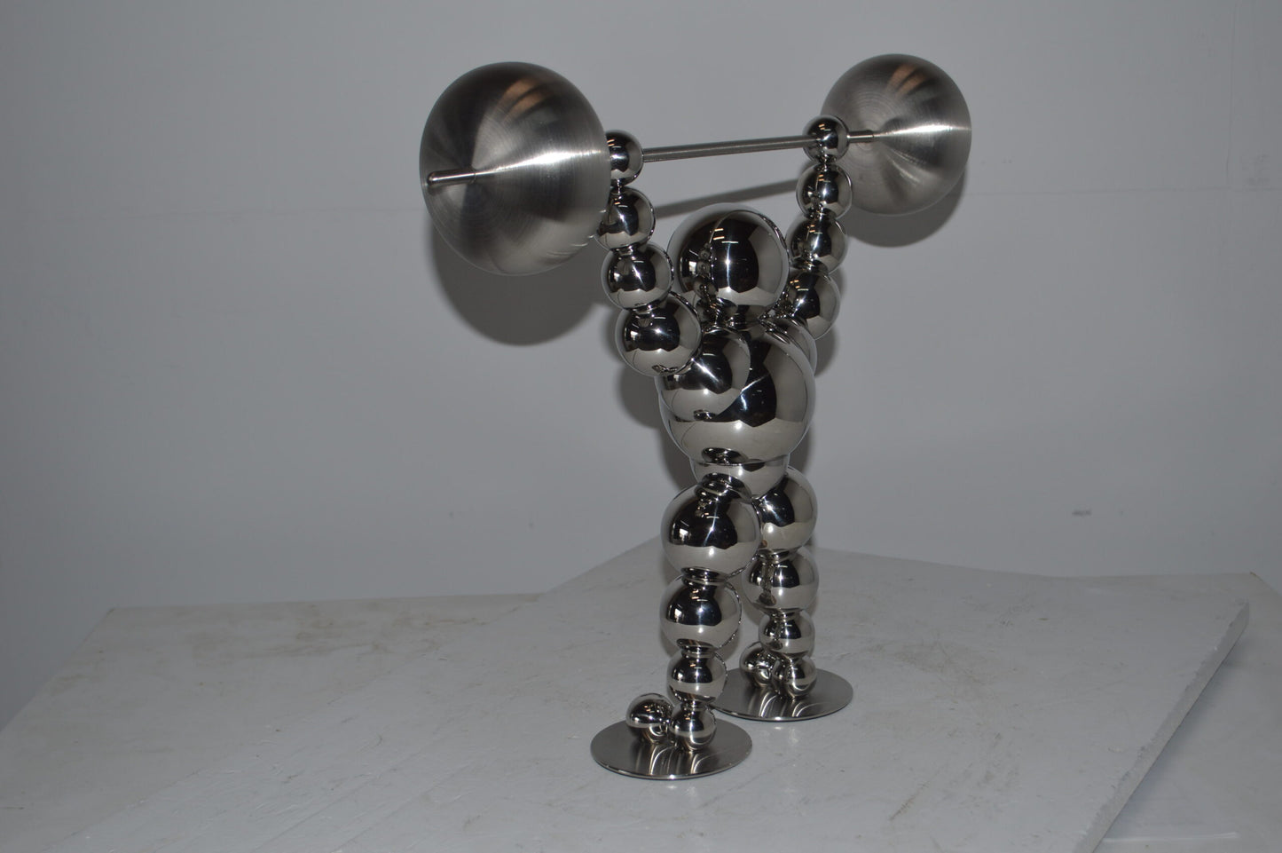 Modern Art Weightlifter Up Position Chrome Balls Statue - Size: 20"x5"x17"H