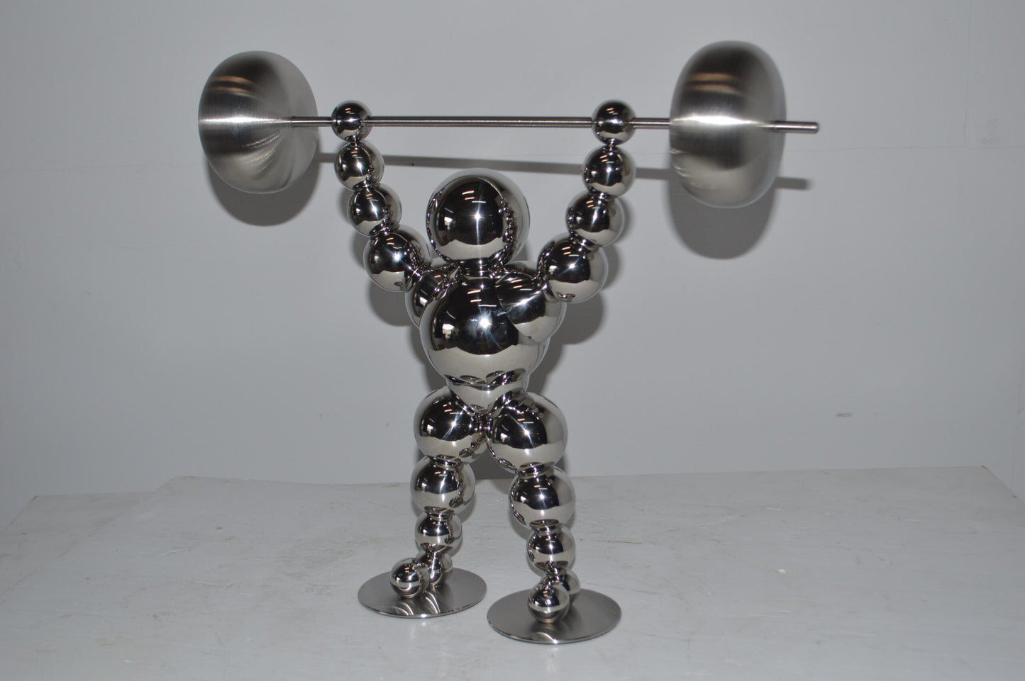 Modern Art Weightlifter Up Position Chrome Balls Statue - Size: 20"x5"x17"H