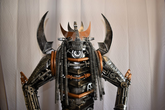 Colorfull impresive Statue of a warrier made of metal scraps 48" x 20" x 82"H