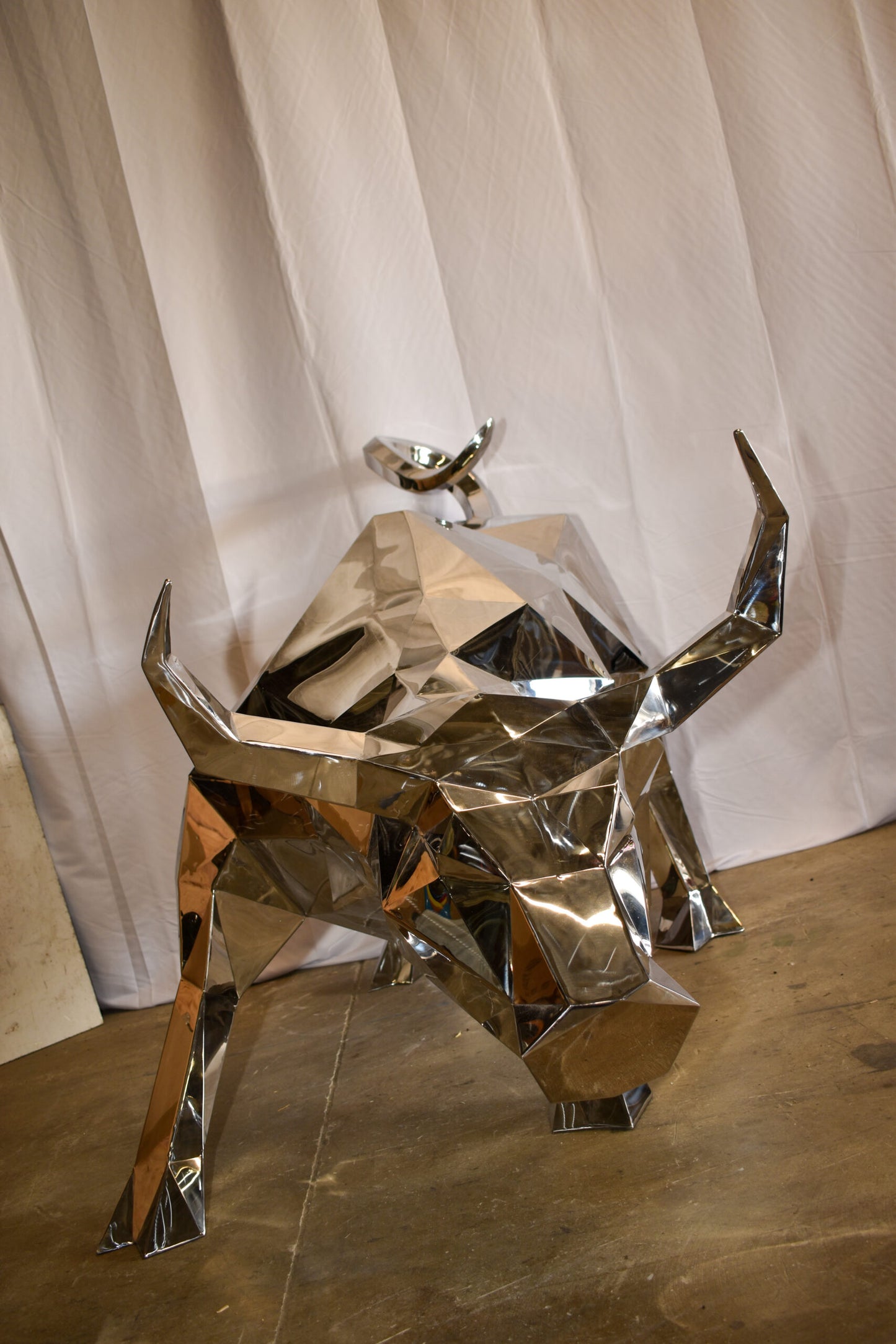 Modern Variation of Wall Street Bull Stainless Steel Statue 80" x 49" x 49"H