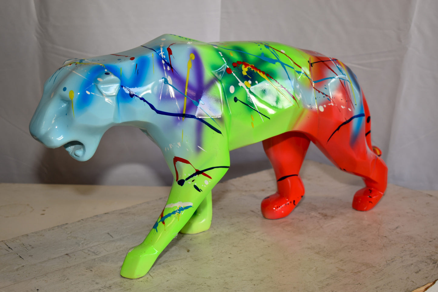 Roaming Graffiti and Splatter paint Jaguar Resin Statue 28" x 7" x 12"H