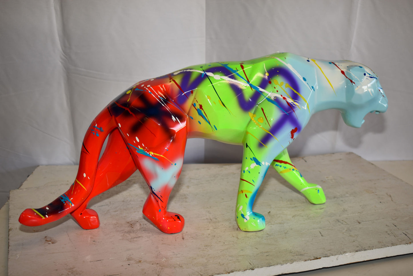 Roaming Graffiti and Splatter paint Jaguar Resin Statue 28" x 7" x 12"H