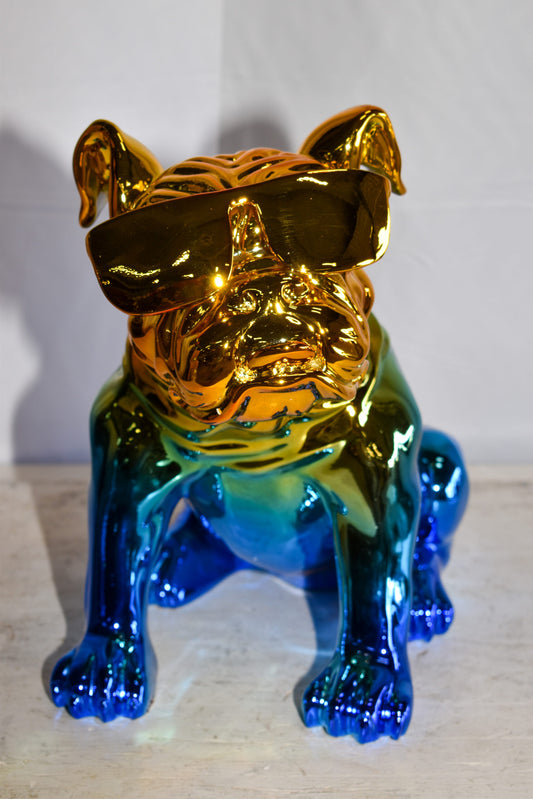 Ombre Blue Chrome Colored Bulldog Resin Statue 16" x 9" x 13"H