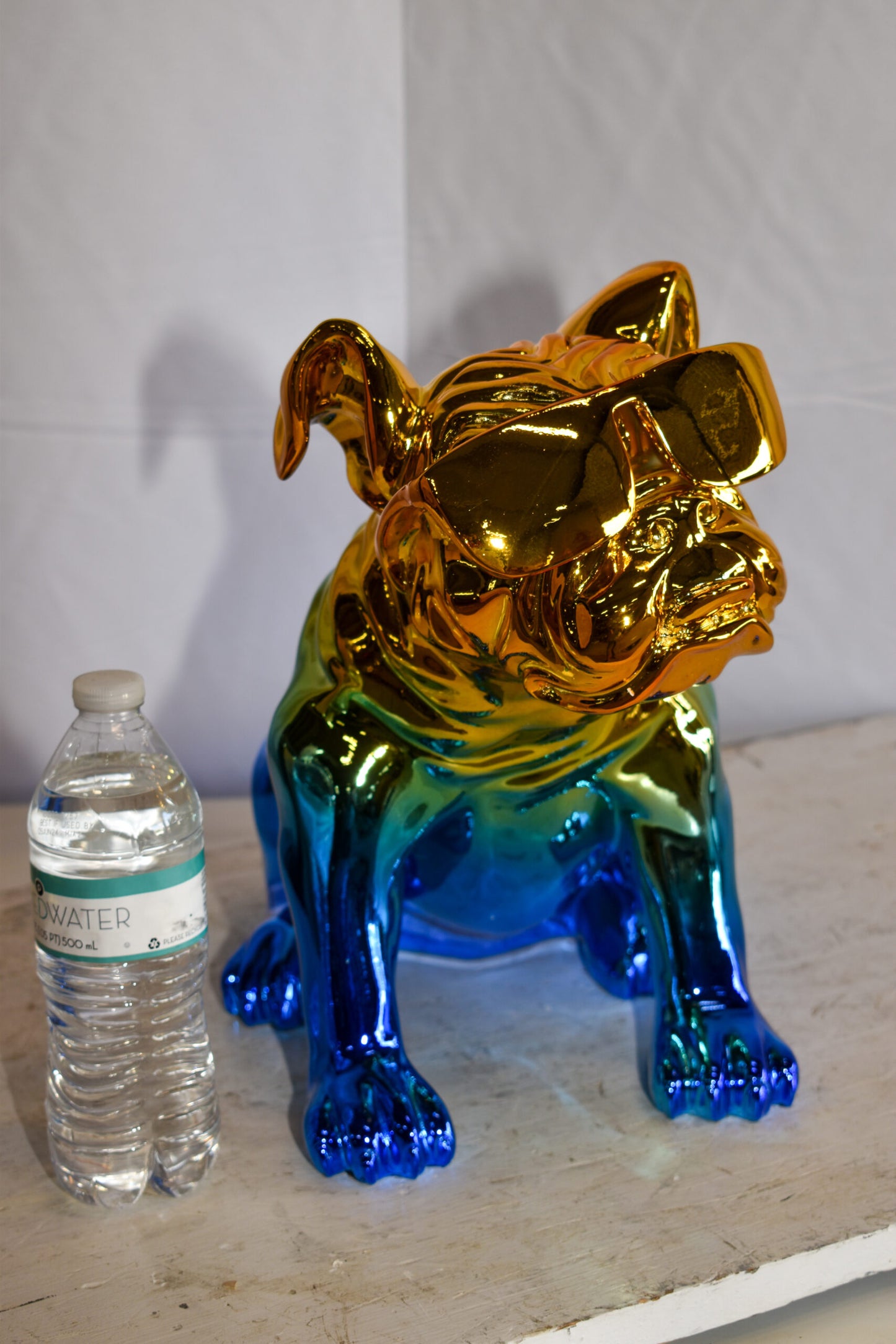 Ombre Blue Chrome Colored Bulldog Resin Statue 16" x 9" x 13"H