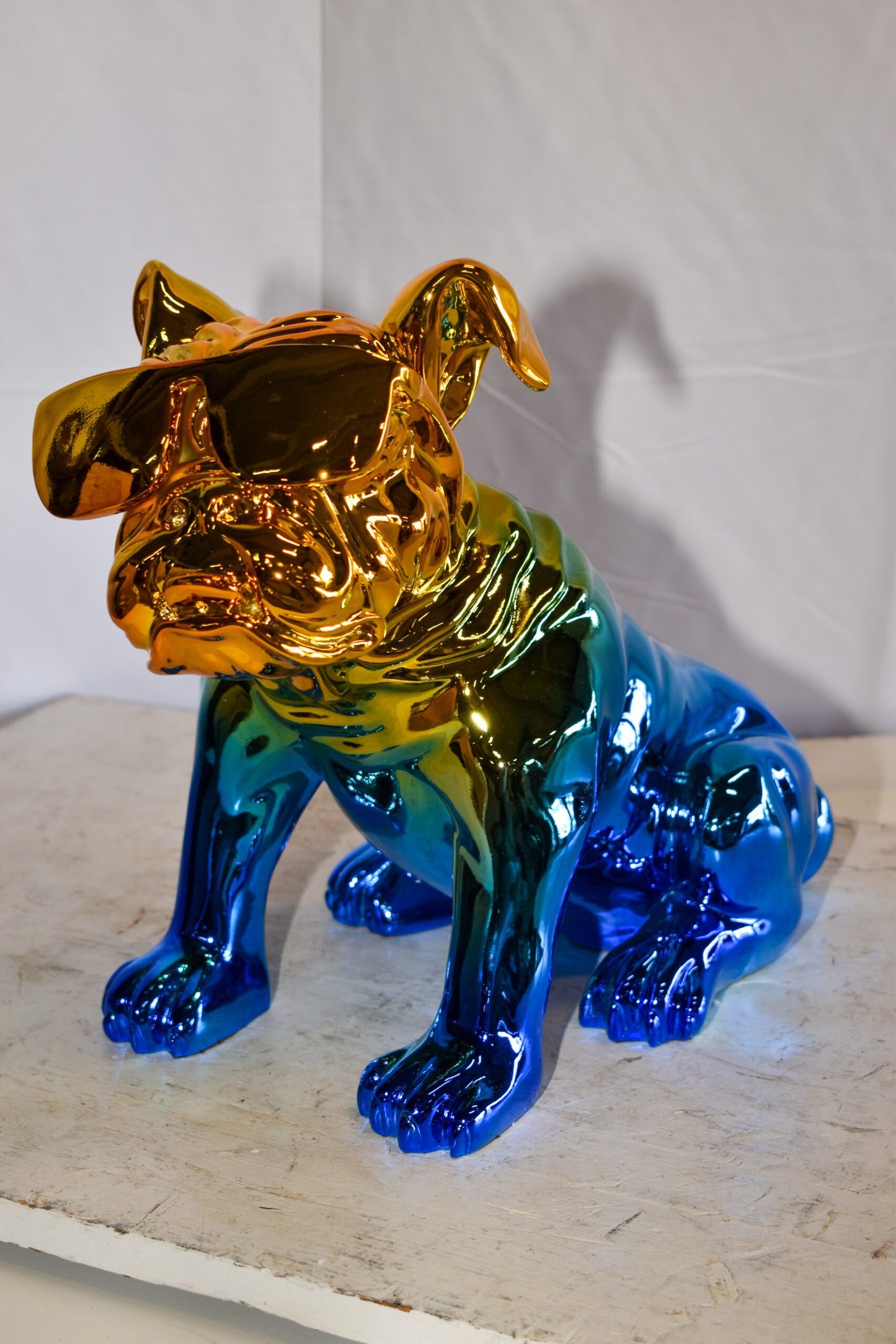 Ombre Blue Chrome Colored Bulldog Resin Statue 16" x 9" x 13"H