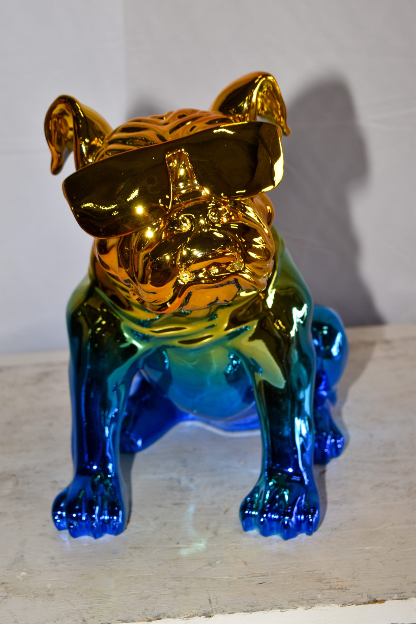 Ombre Blue Chrome Colored Bulldog Resin Statue 16" x 9" x 13"H