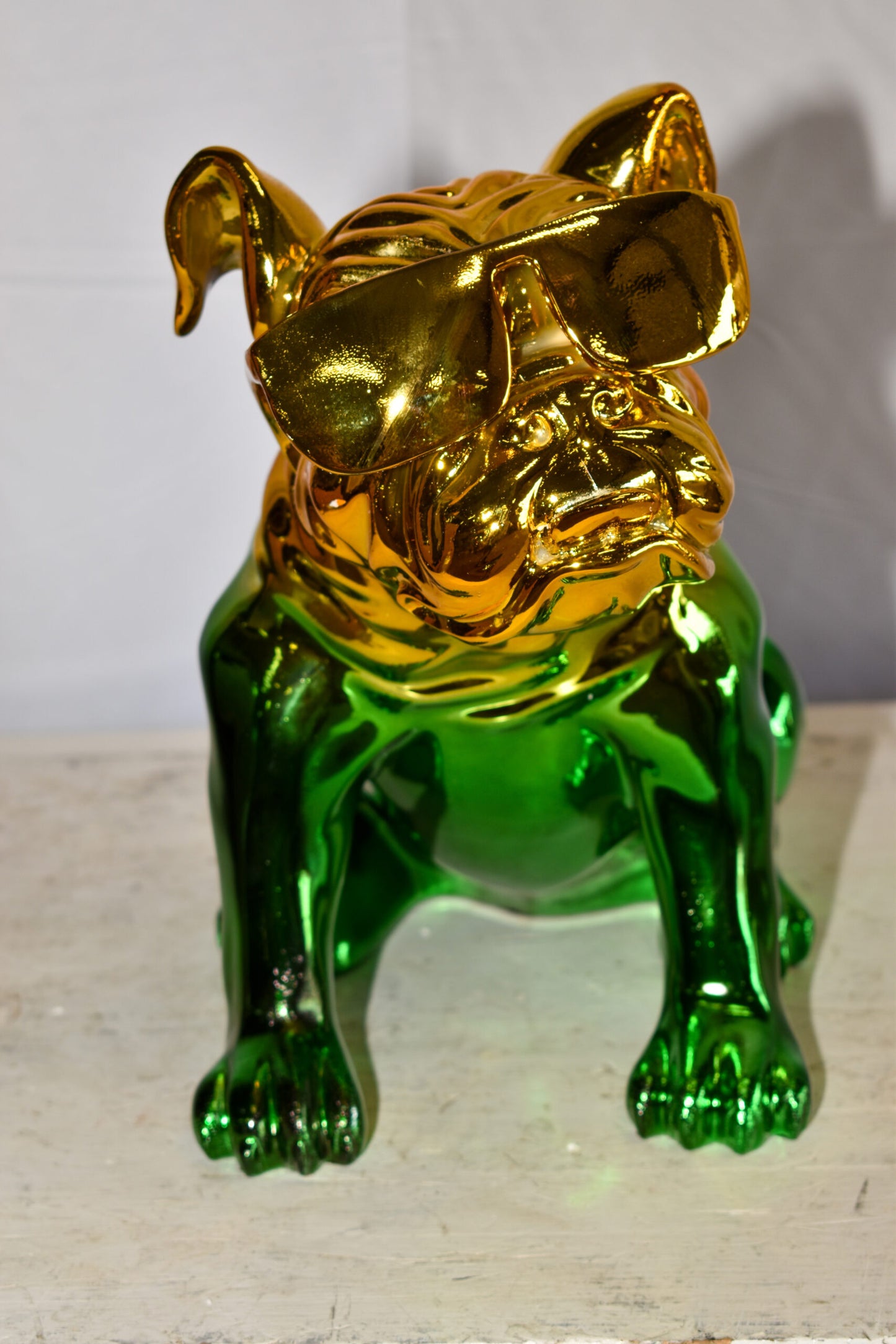 Ombre Green Chrome Colored Bulldog Resin Statue 16" x 9" x 13"H