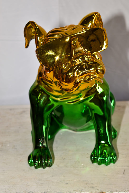 Ombre Green Chrome Bulldog Resin Statue - Pop Art Home Decor, 16"L x 9"W x 13"H
