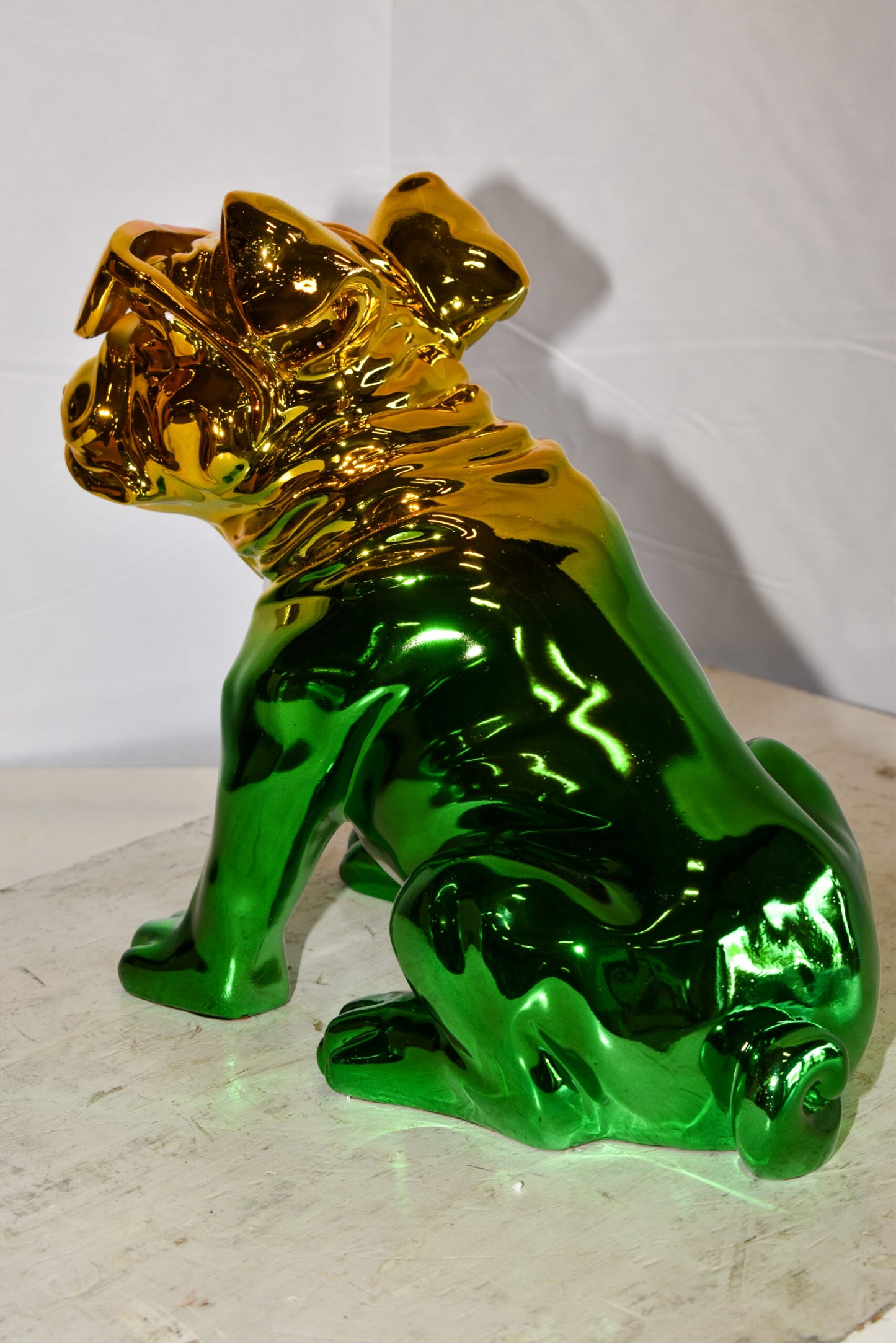 Ombre Green Chrome Colored Bulldog Resin Statue 16" x 9" x 13"H