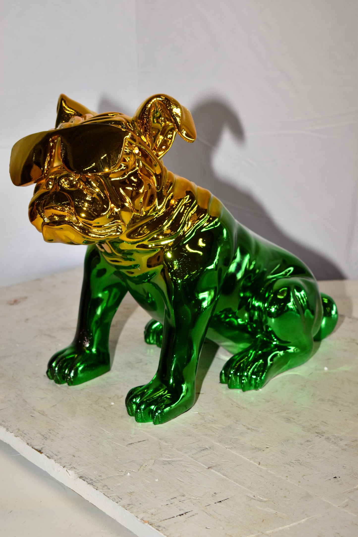Ombre Green Chrome Colored Bulldog Resin Statue 16" x 9" x 13"H