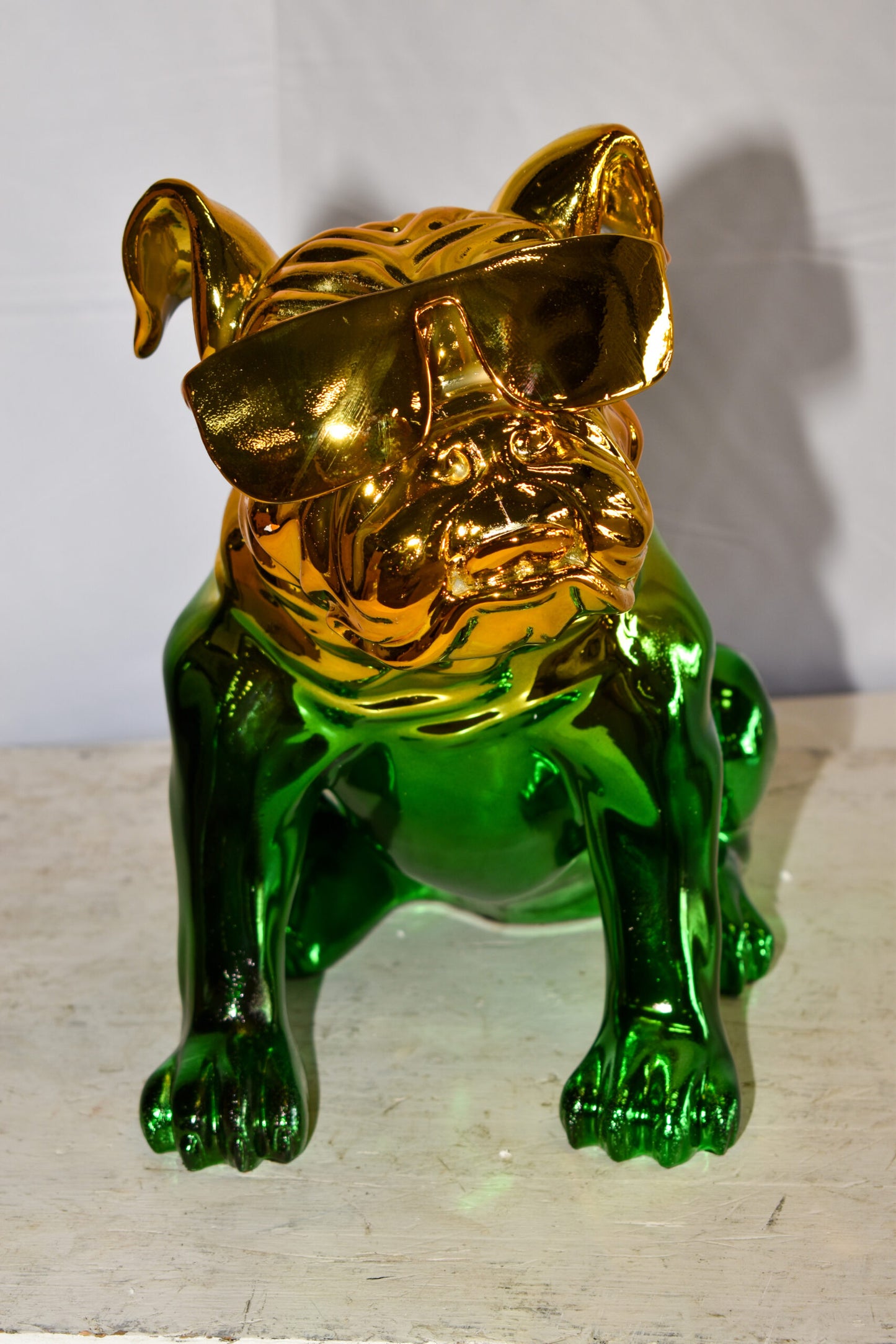 Ombre Green Chrome Bulldog Resin Statue - Pop Art Home Decor, 16"L x 9"W x 13"H